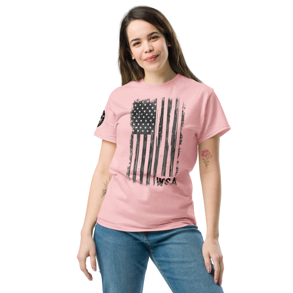 Woman wearing a pink t-shirt with an American flag design on a white background