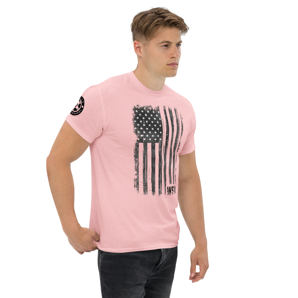 Man wearing a pink t-shirt with an American flag design on a white background