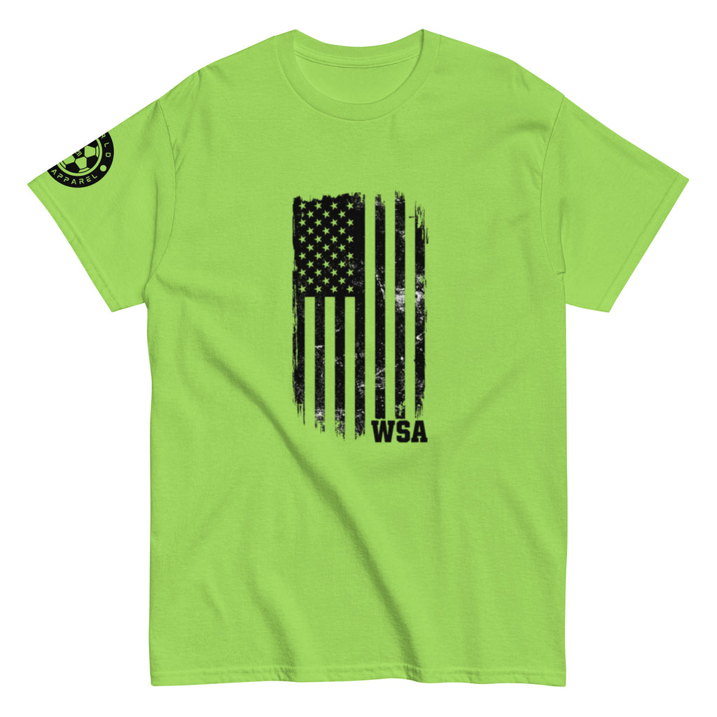 Green t-shirt with black American flag graphic and 'WSA' text on a white background