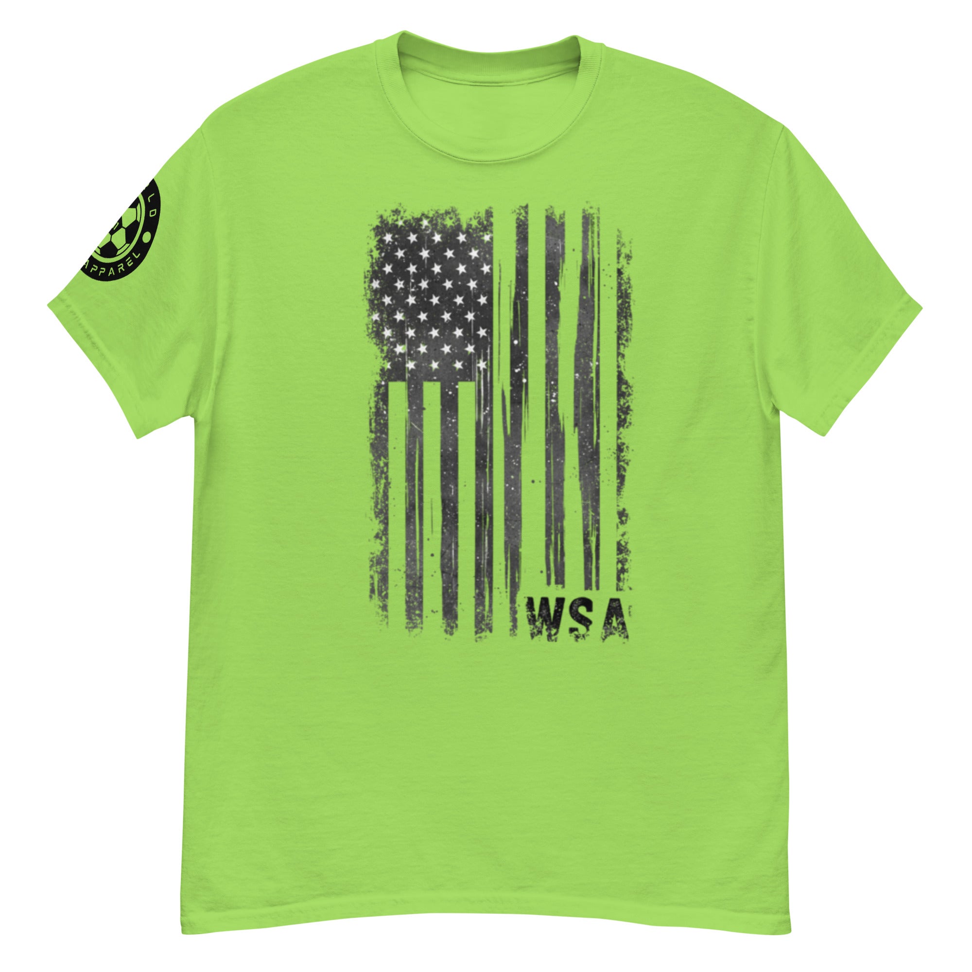 Green t-shirt with black American flag graphic and 'WSA' text on a white background