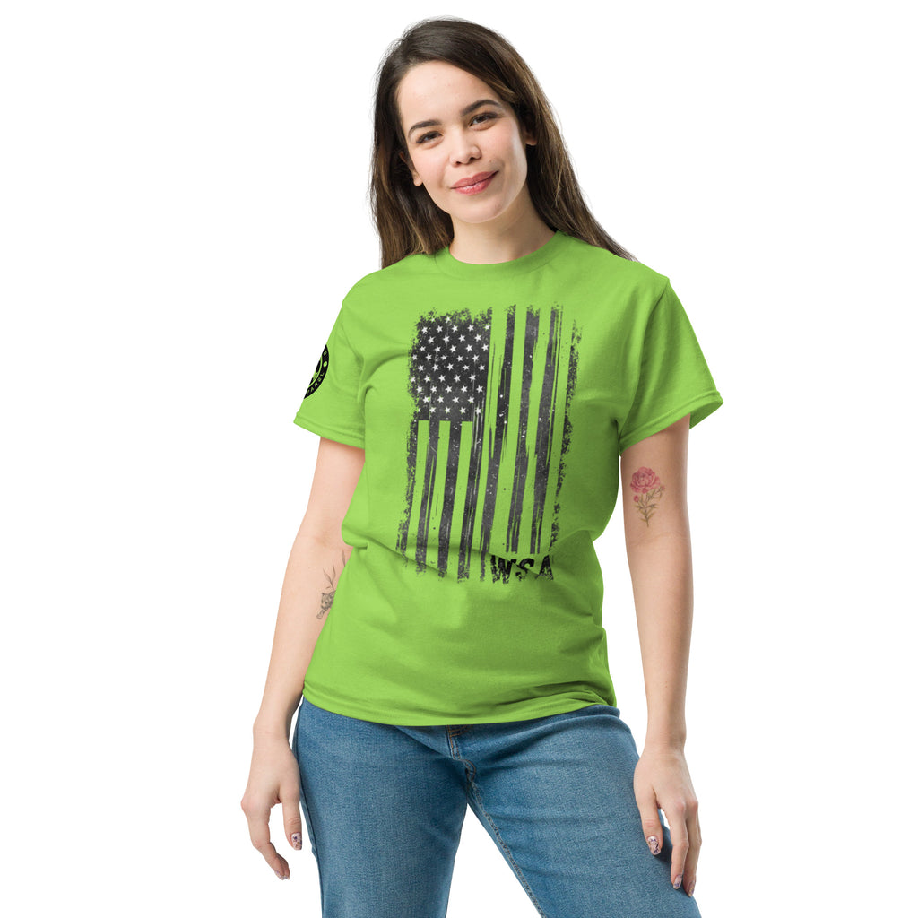 Woman wearing a green t-shirt with an American flag design on a white background