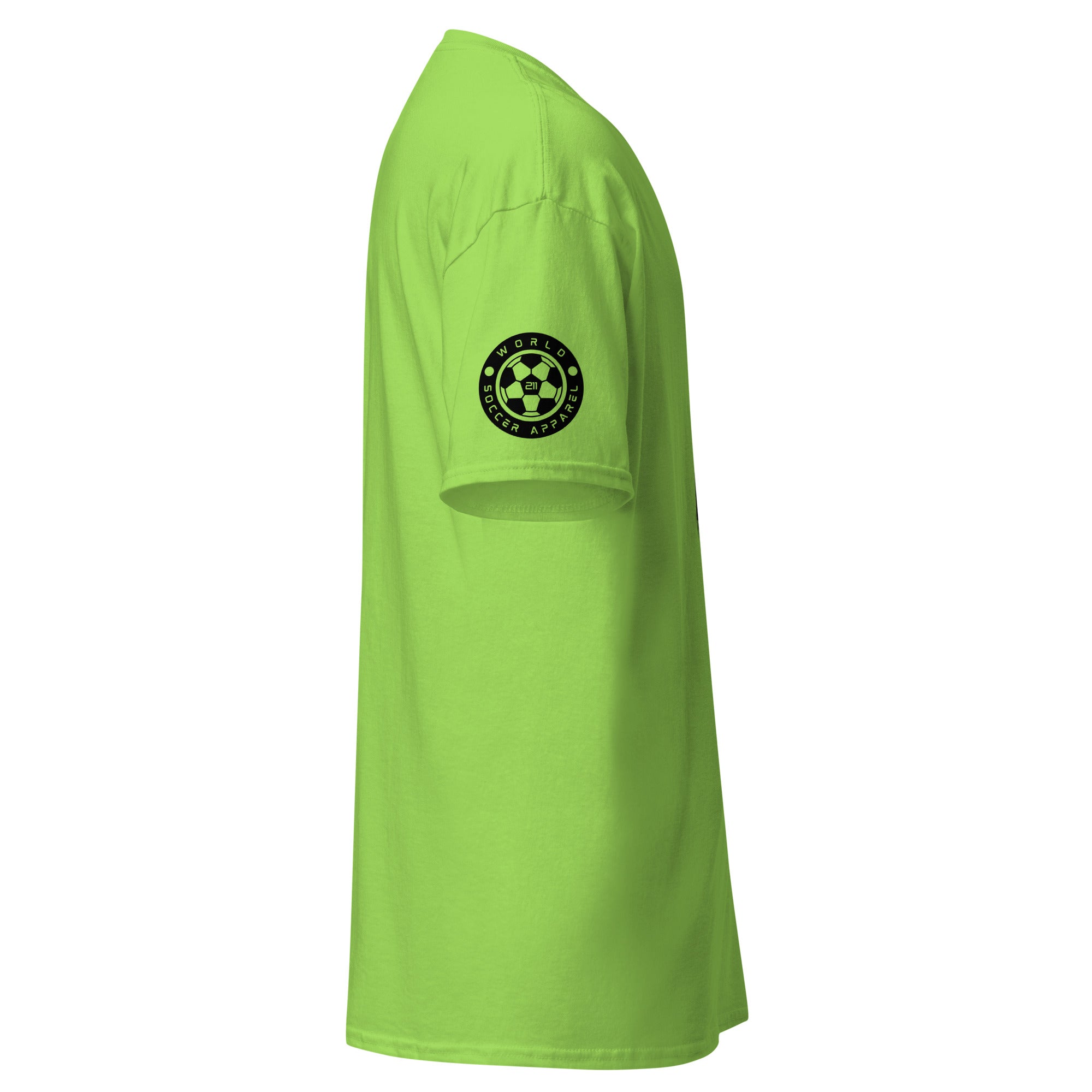 Lime green t-shirt with a black logo on the sleeve against a white background