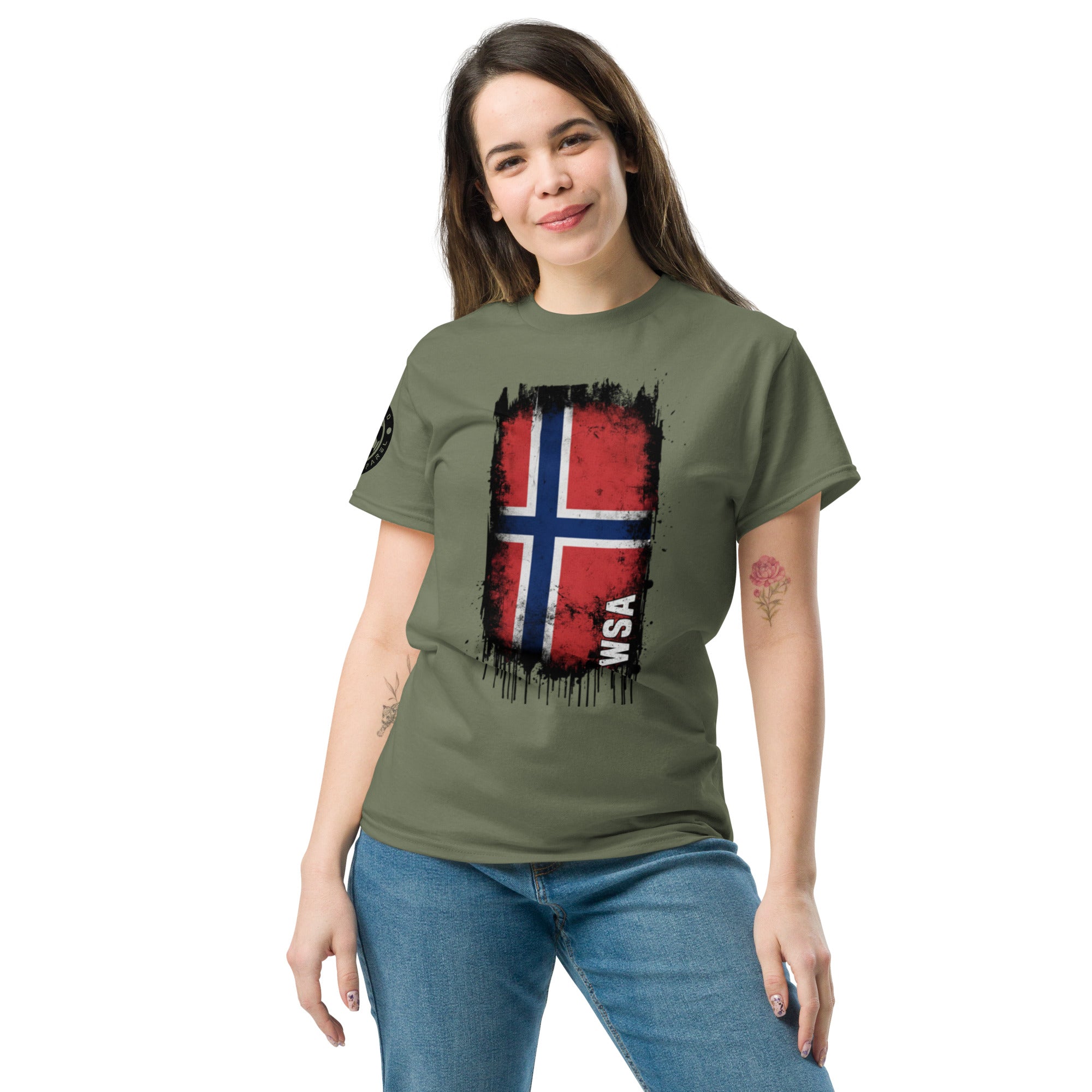 Woman wearing a green t-shirt with a flag design on a white background