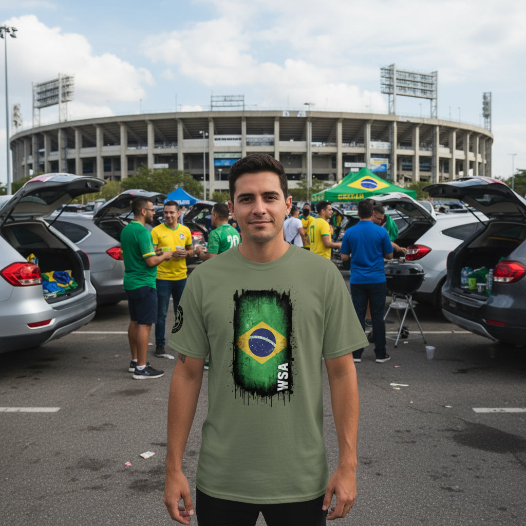 Green t-shirt with Brazilian flag design and 'WSA' text on a white background