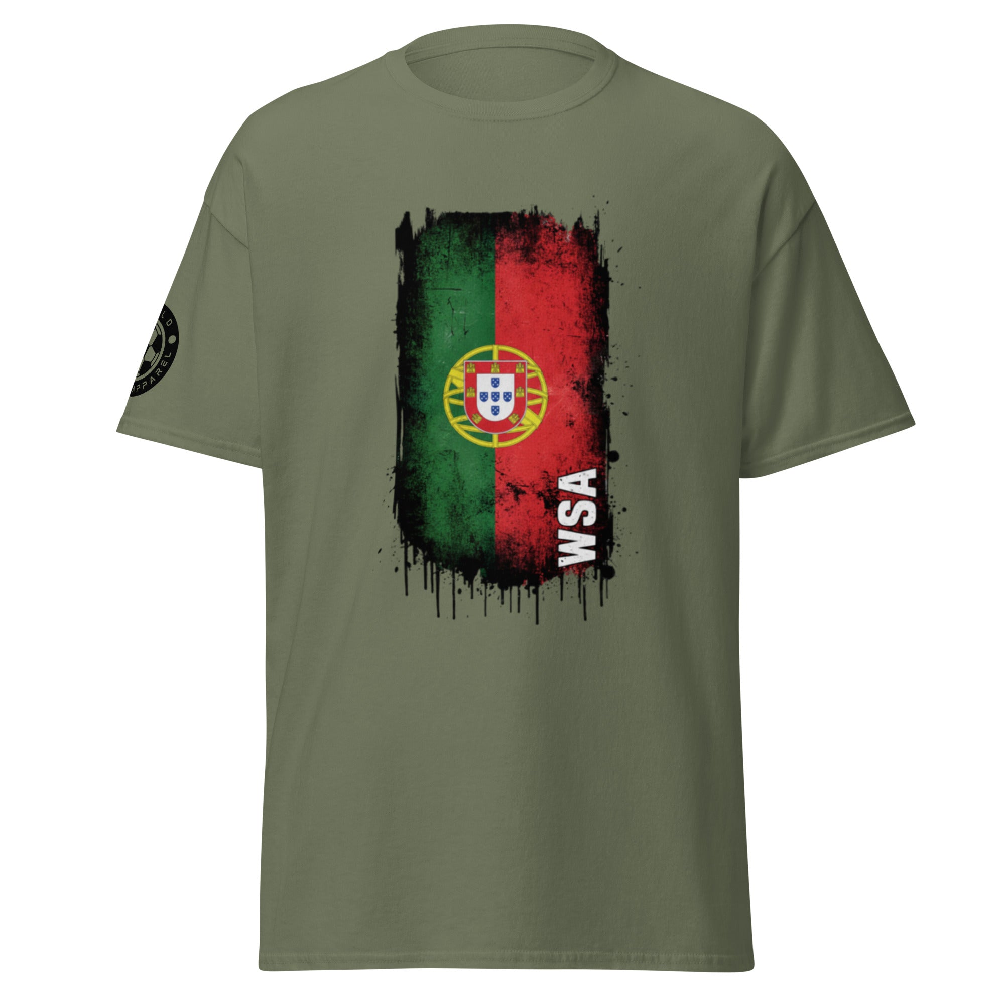 Green t-shirt with a flag design and 'WSA' text on a white background