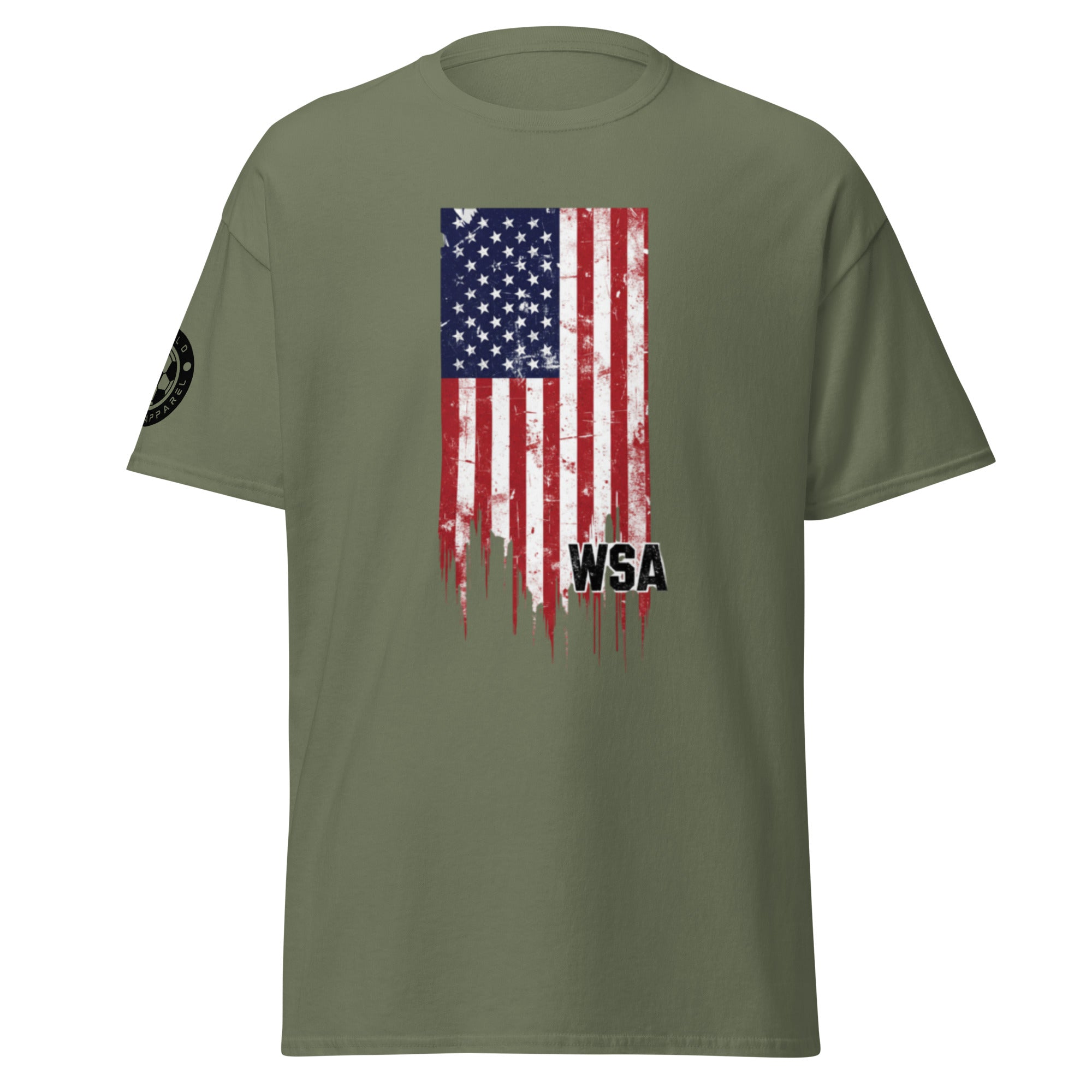 Green t-shirt with American flag and 'WSA' text on a white background