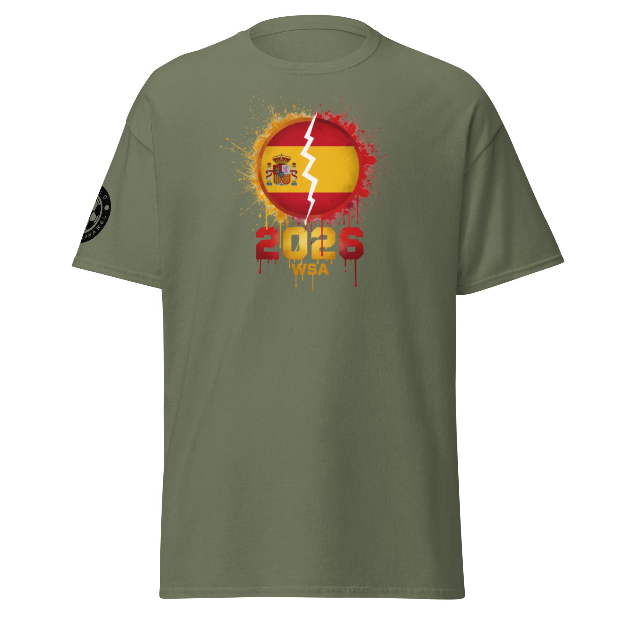 Green t-shirt with a graphic design featuring a flag and '2026' text on a white background