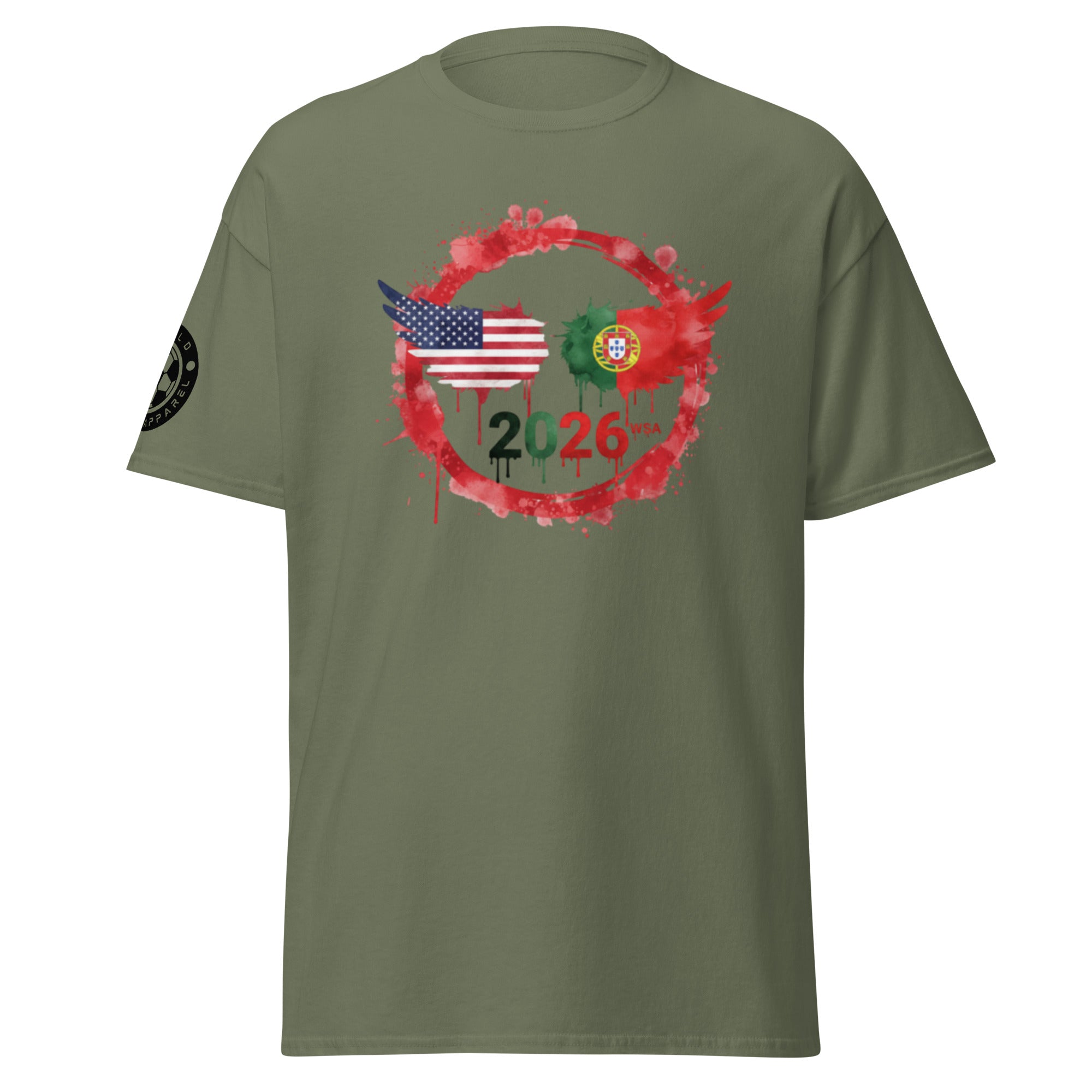 Green t-shirt with 2026 design featuring American and Portuguese flags on a white background