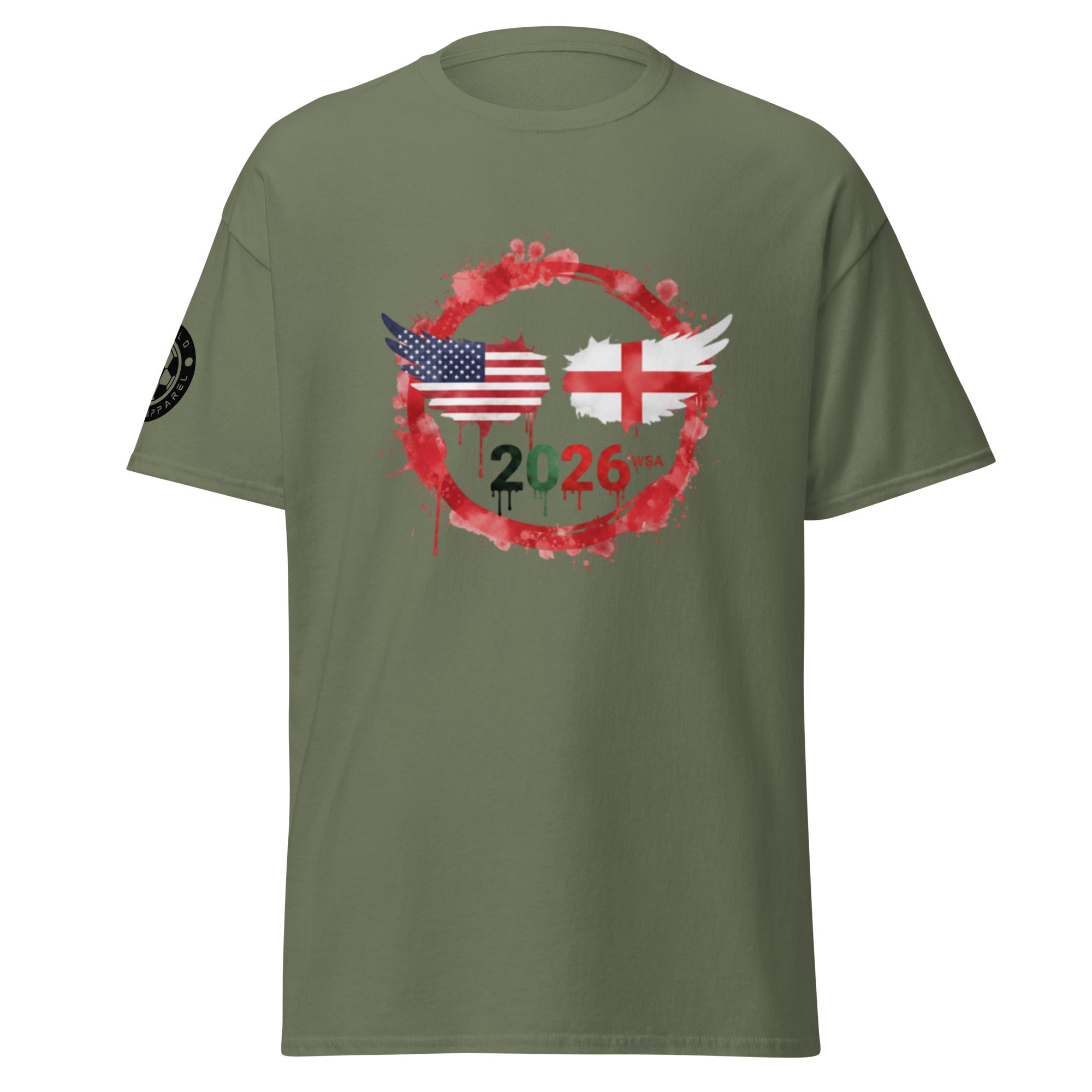 Green t-shirt with American and English flags and '2026' printed on it.