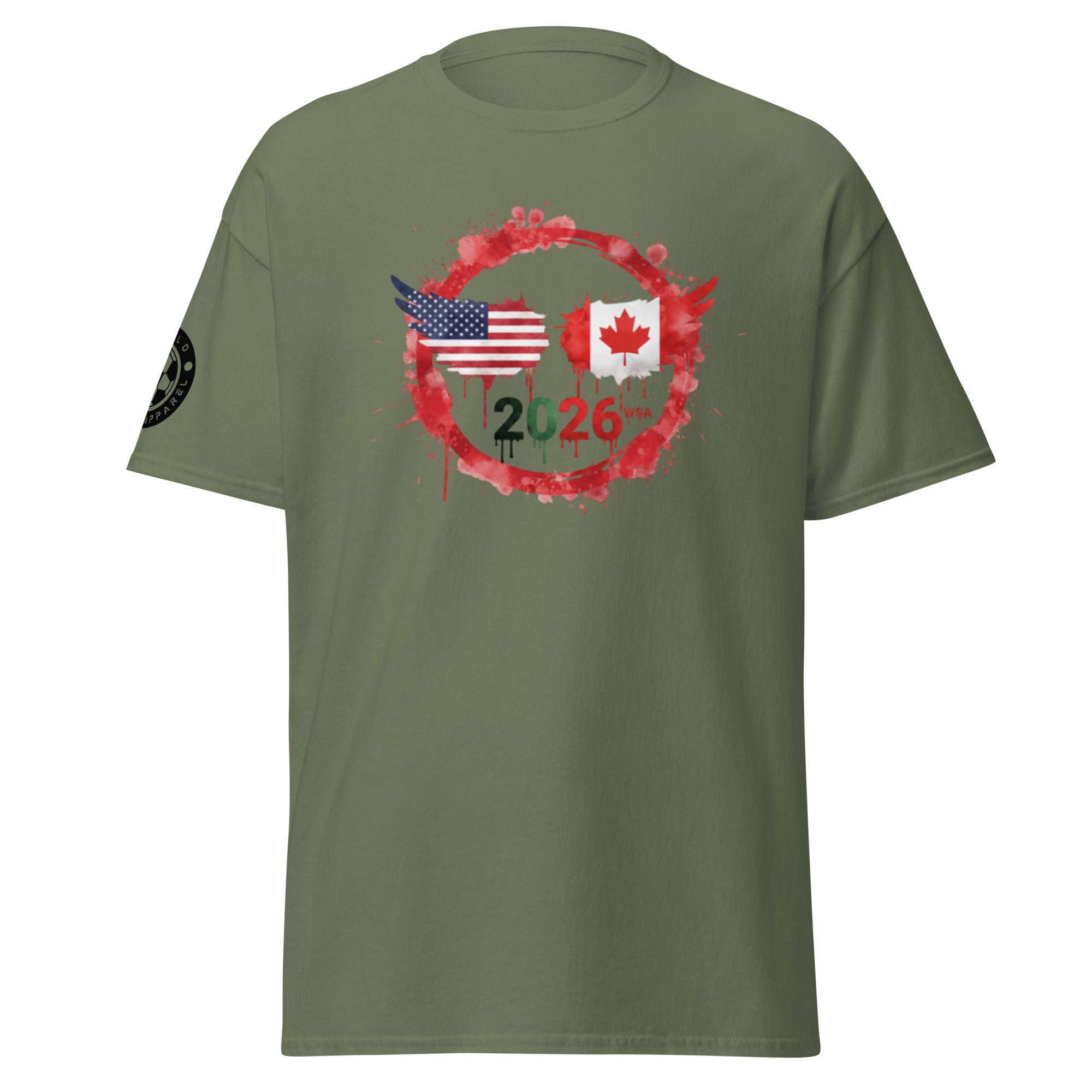 Green t-shirt with American and Canadian flags and '2026' printed on a white background