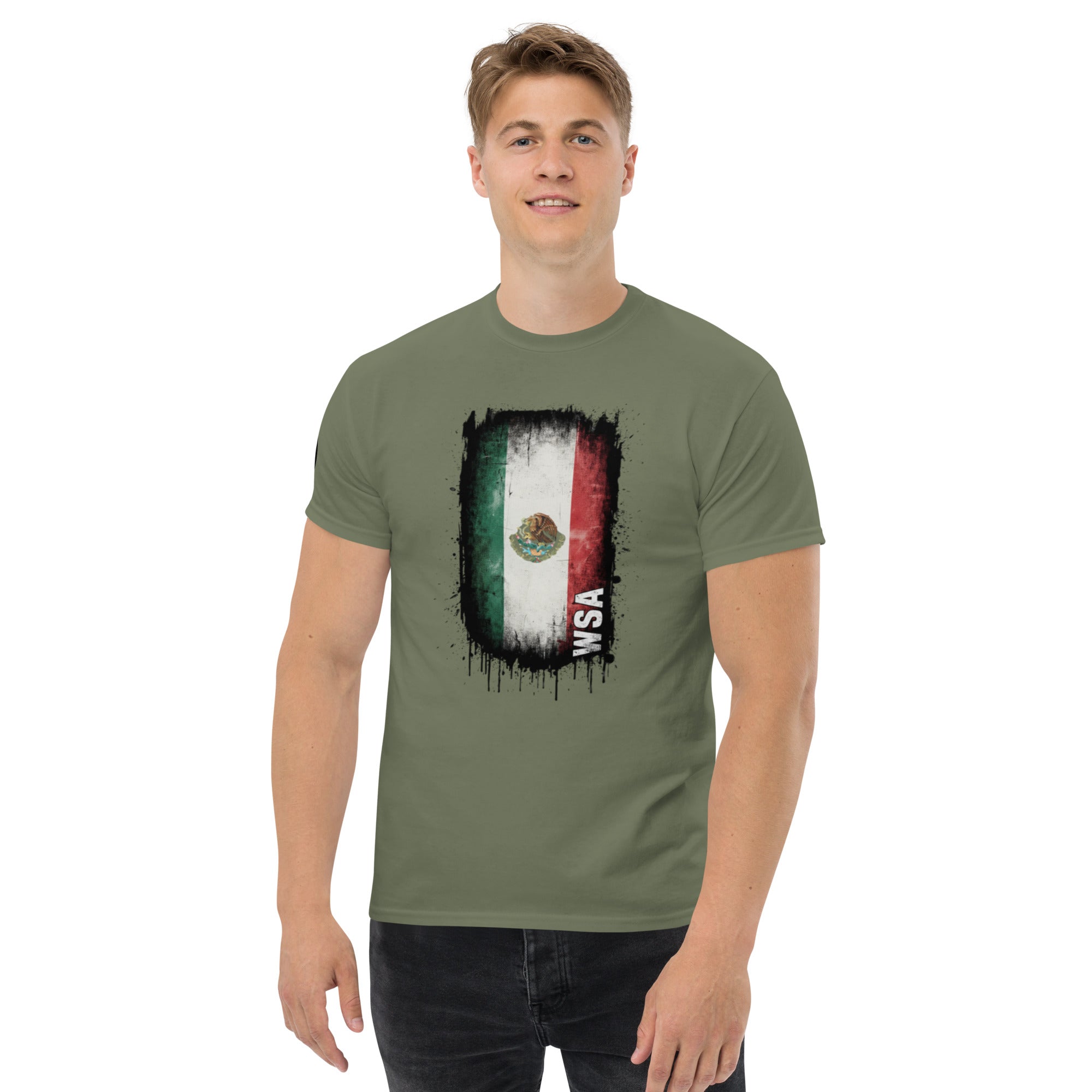 Man wearing a green t-shirt with a graphic design on a white background