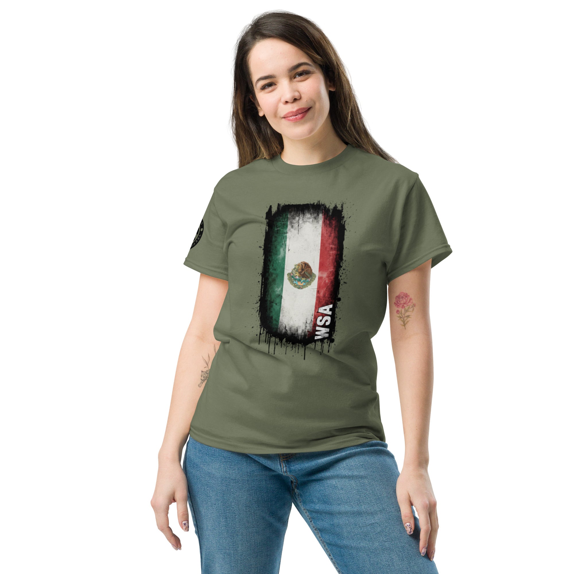 Woman wearing a green t-shirt with a graphic design on a white background