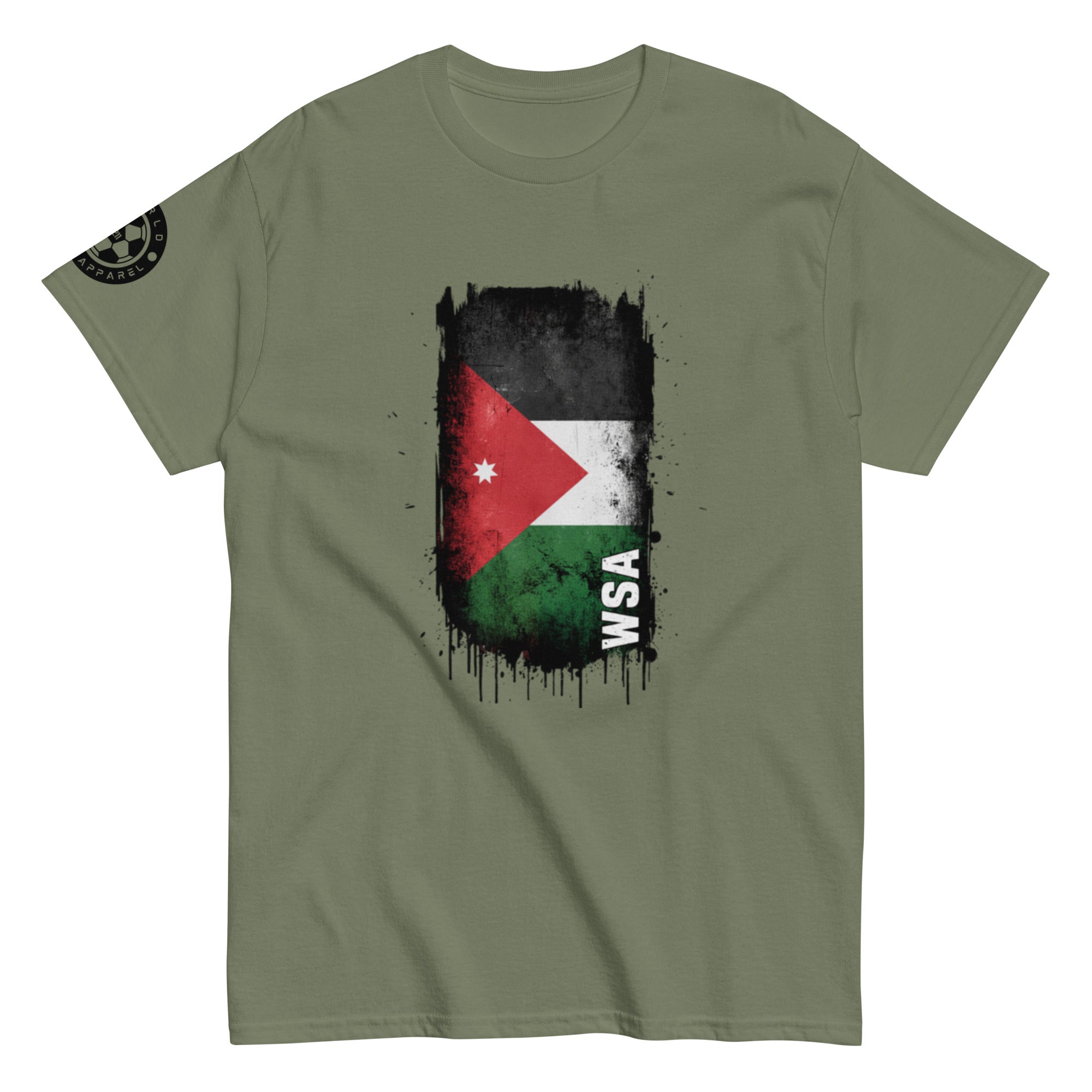 Green t-shirt with a flag design and 'WSA' text on a white background