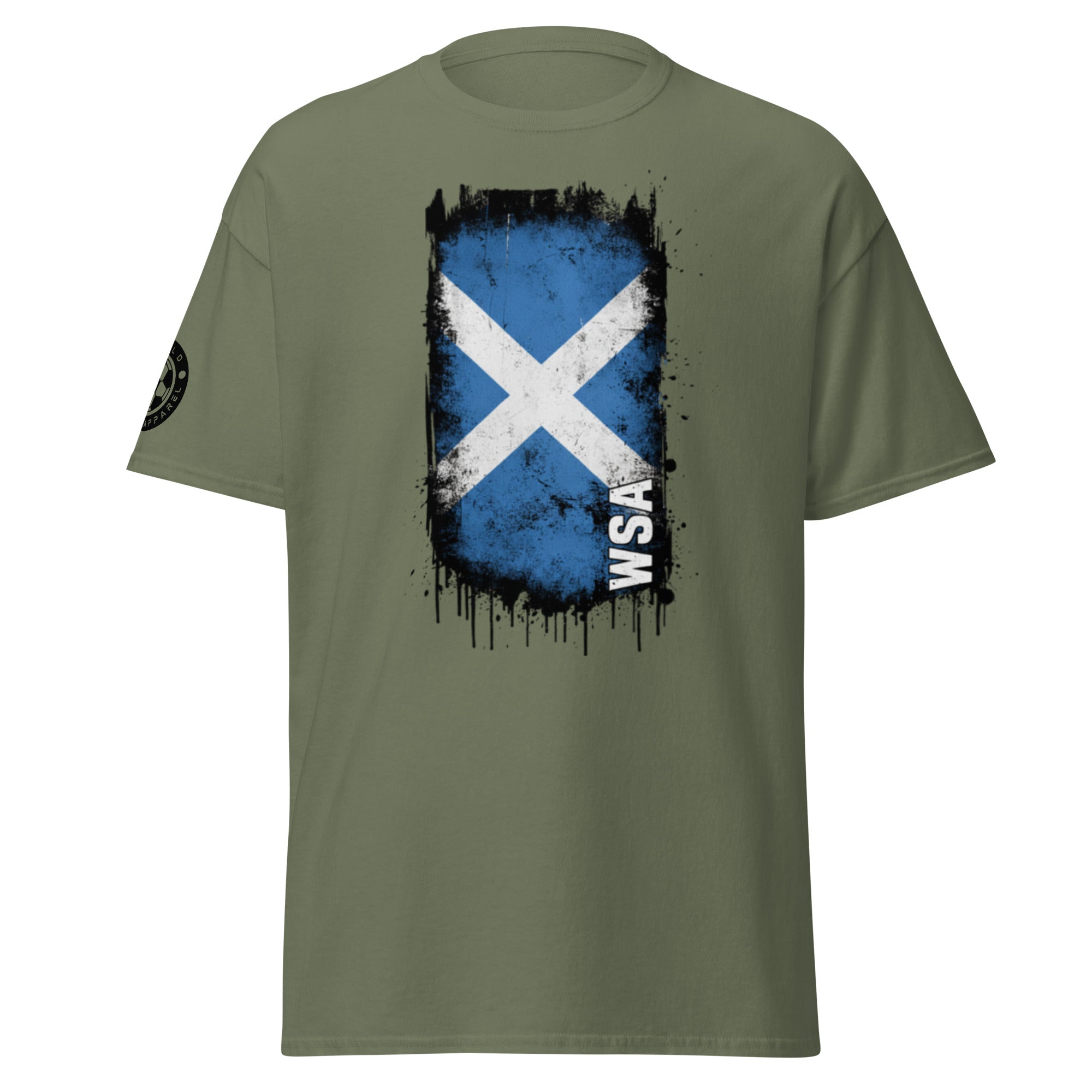 Green t-shirt with a blue and white flag design and 'WSA' text on a white background