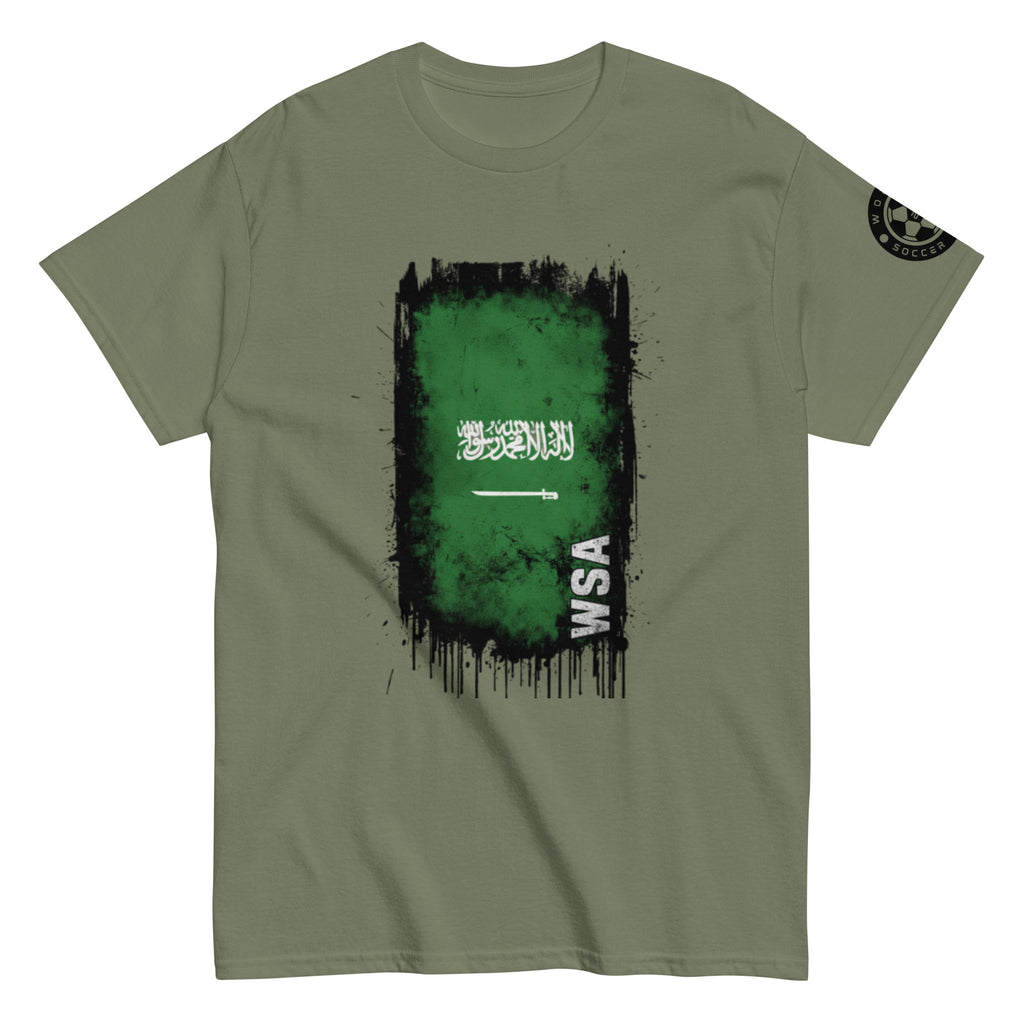 Green t-shirt with a graphic design on a white background