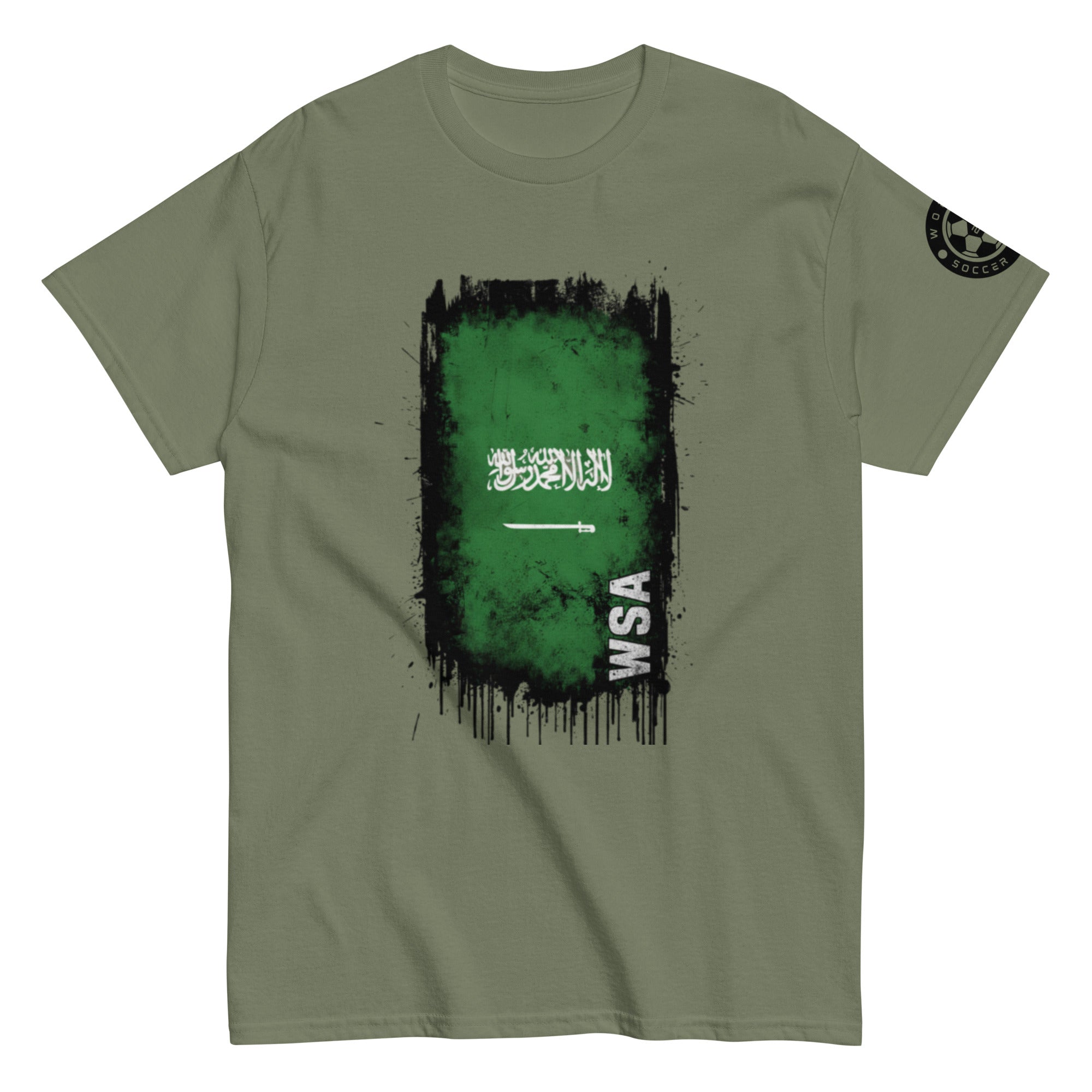 Green t-shirt with a graphic design on a white background