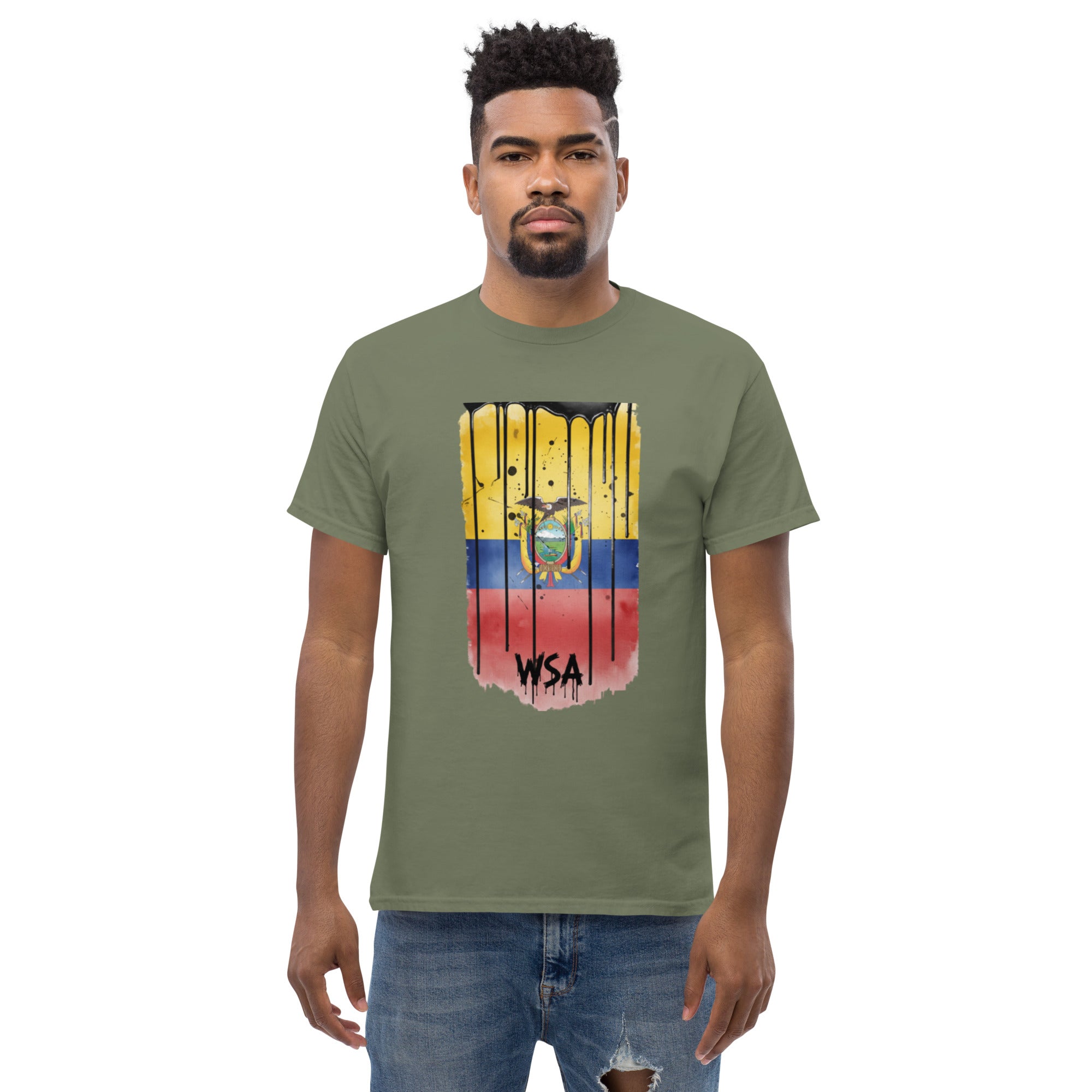 Man wearing a green t-shirt with a colorful graphic design on a white background