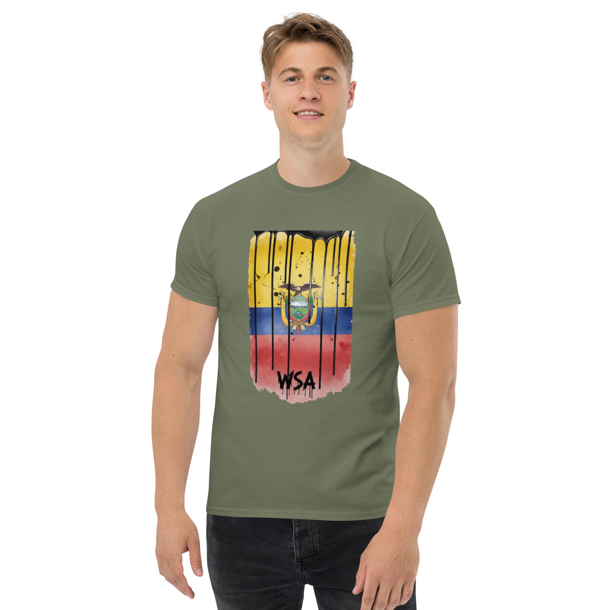 Person wearing a green t-shirt with a colorful graphic design on a white background