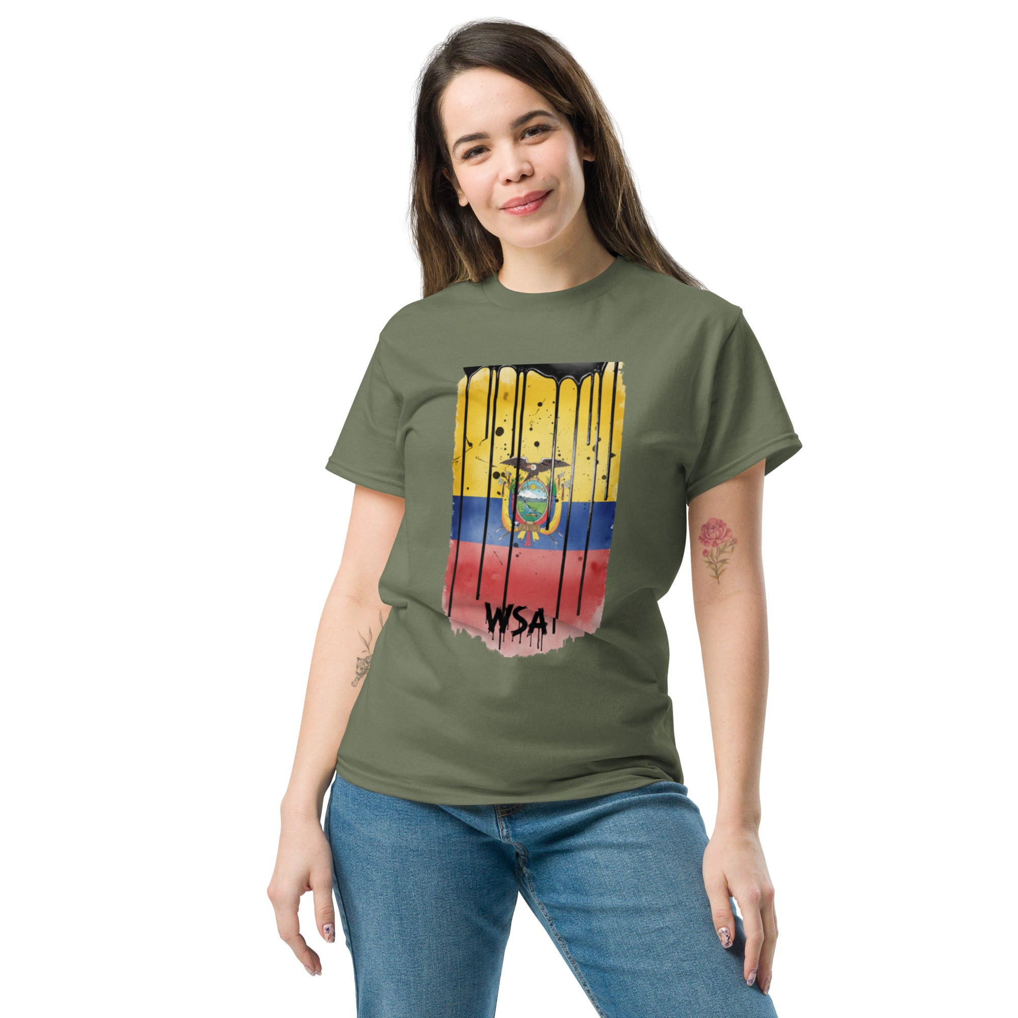 Woman wearing a green t-shirt with a colorful graphic design on a white background