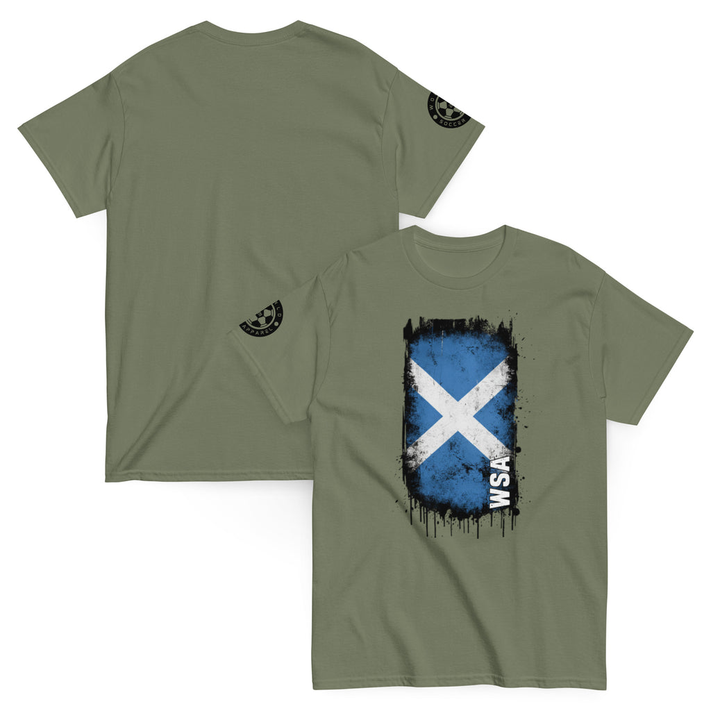 Green t-shirt with Scottish flag design on a white background