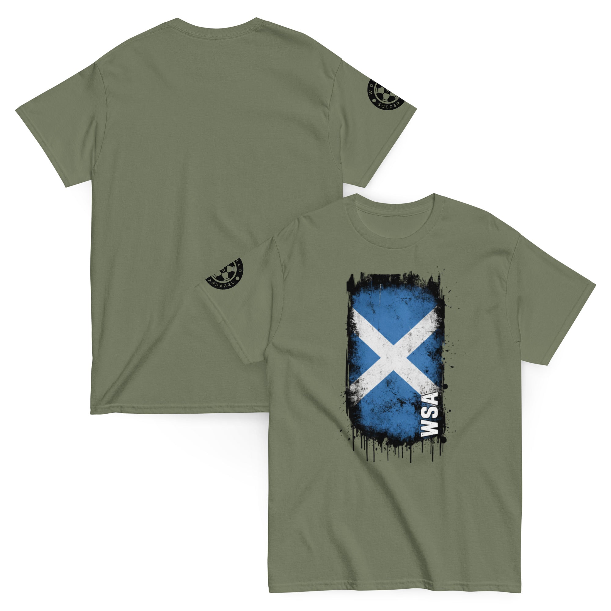 Green t-shirt with Scottish flag design on a white background