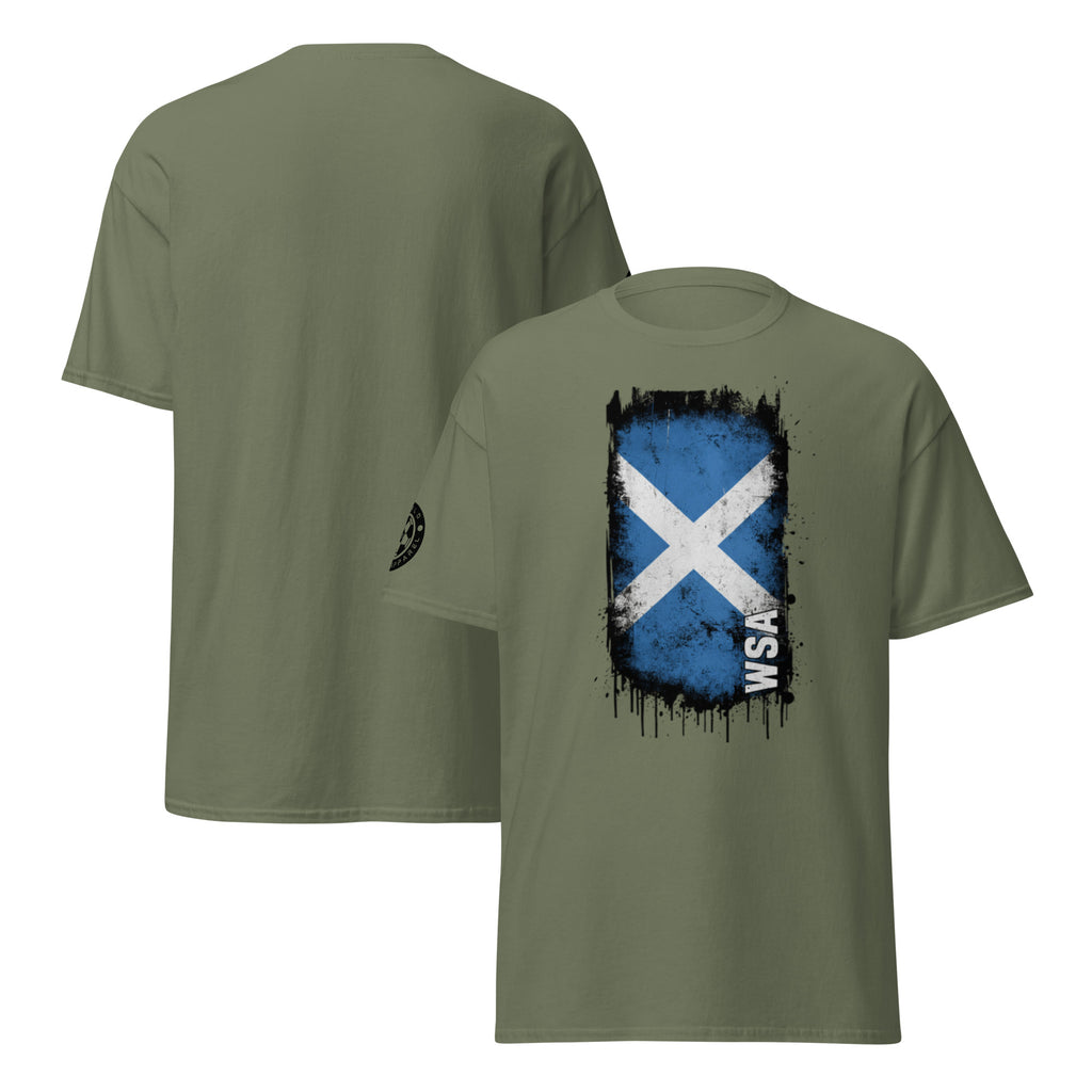 Green t-shirt with Scottish flag design on a white background