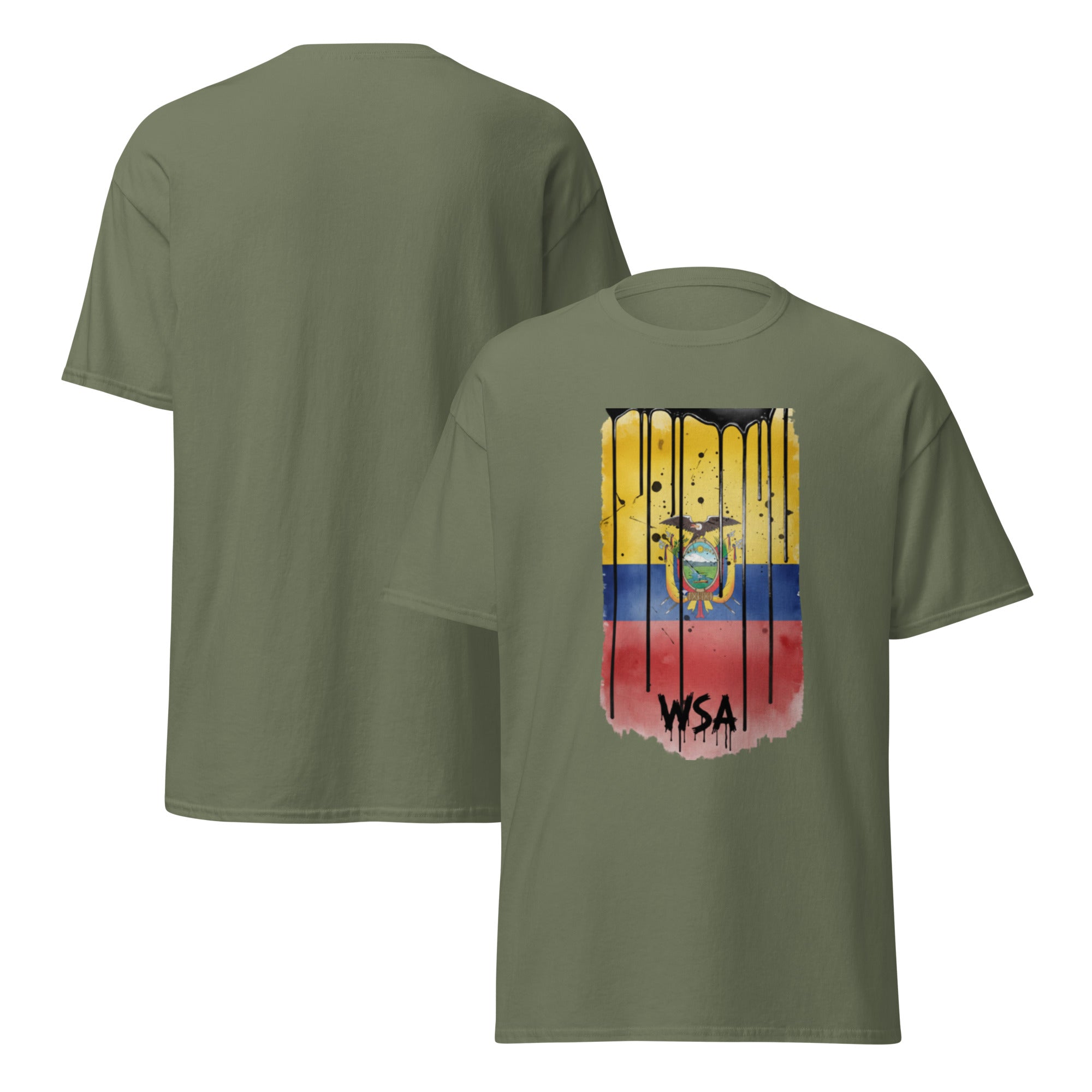 Green t-shirt with a colorful design and 'WSA' text on a white background