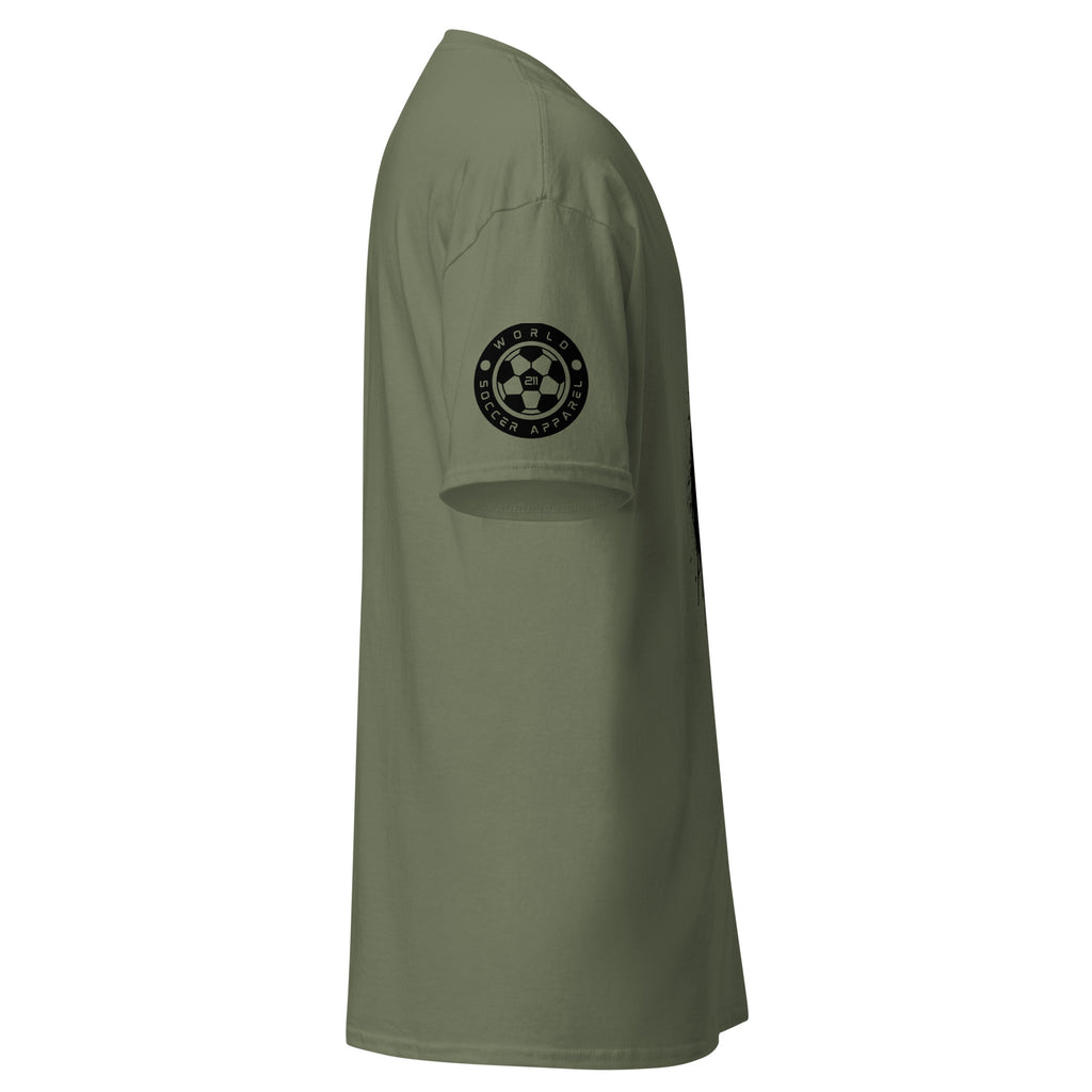 Green t-shirt with a logo on the sleeve against a white background
