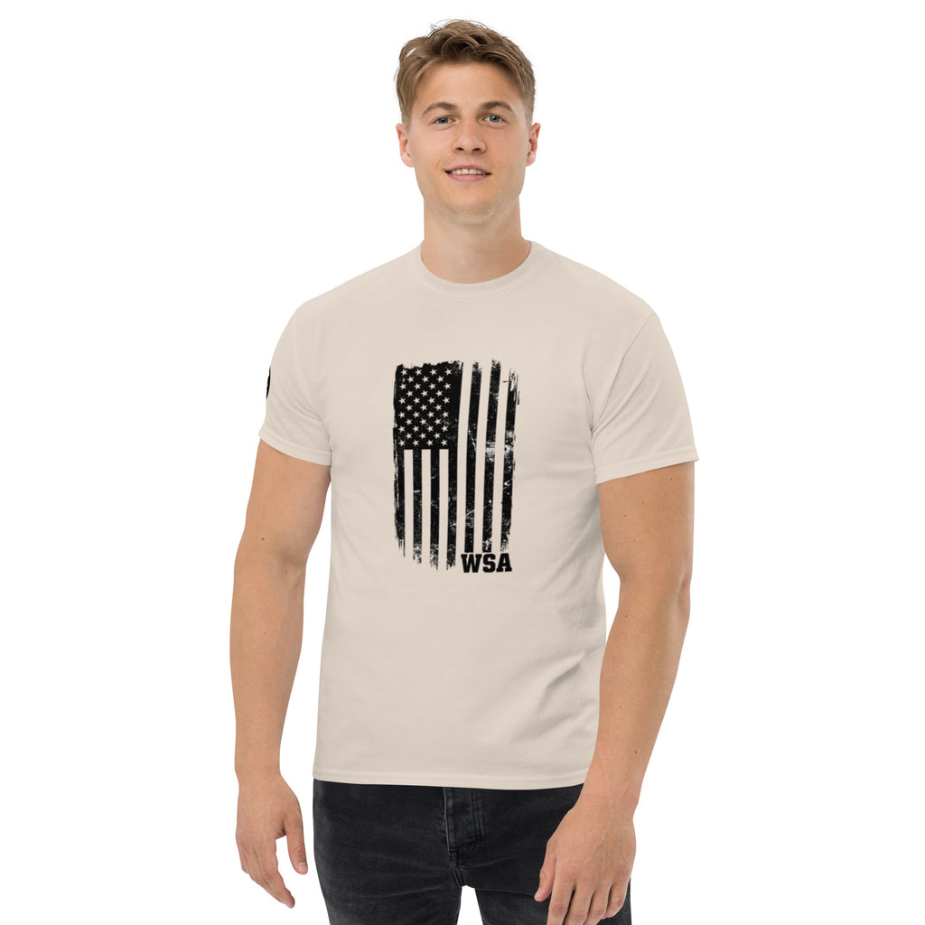 Man wearing a beige t-shirt with an American flag graphic and 'WSA' text on a white background