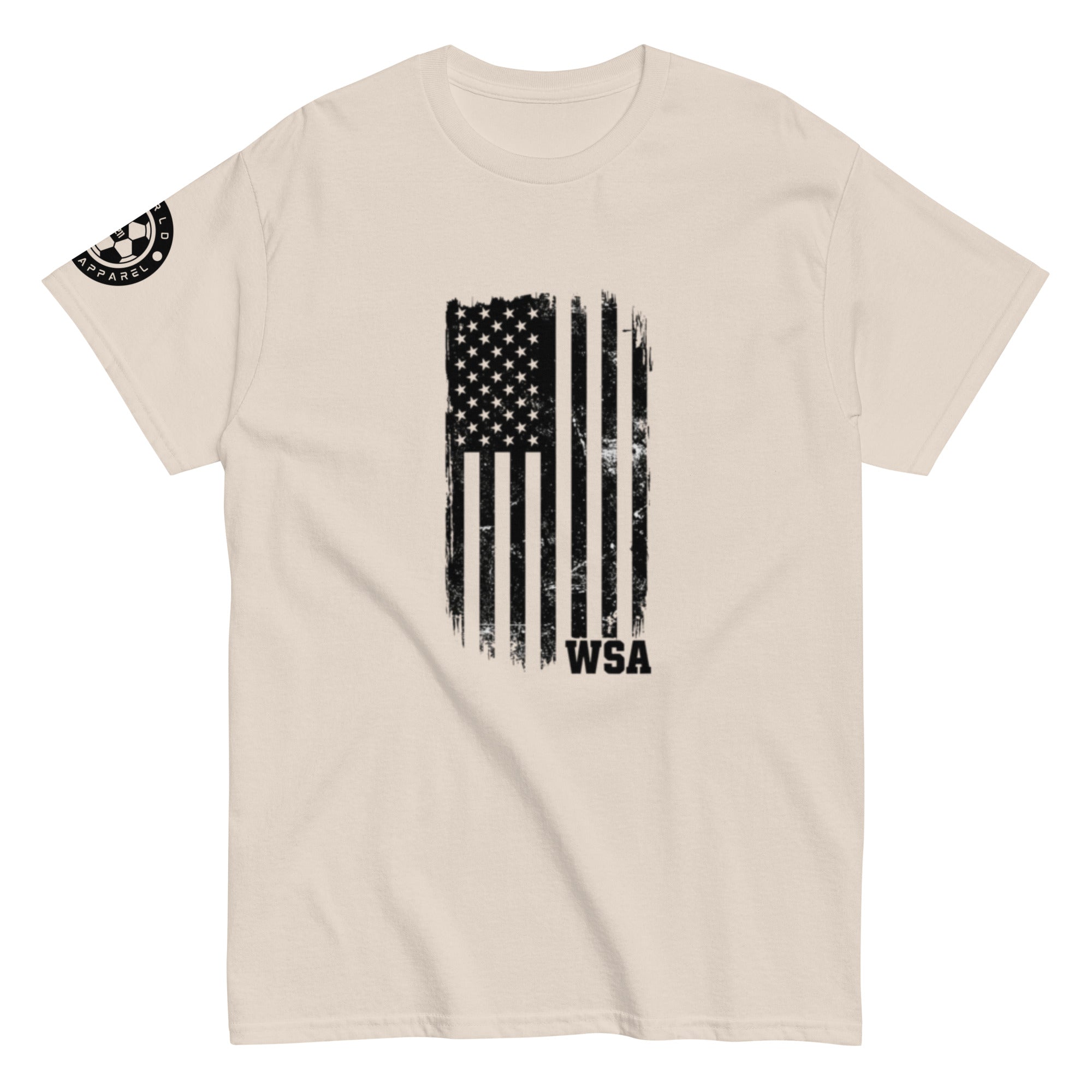 Beige t-shirt with American flag graphic and 'WSA' text on a white background