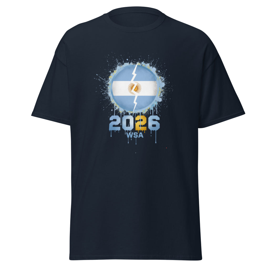 Black t-shirt with a graphic design featuring '2026 WSA' on a white background
