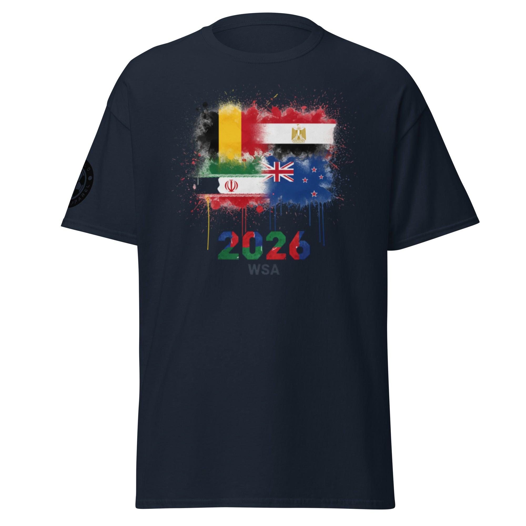 Black t-shirt with colorful graphic design and '2026 WSA' text on a white background