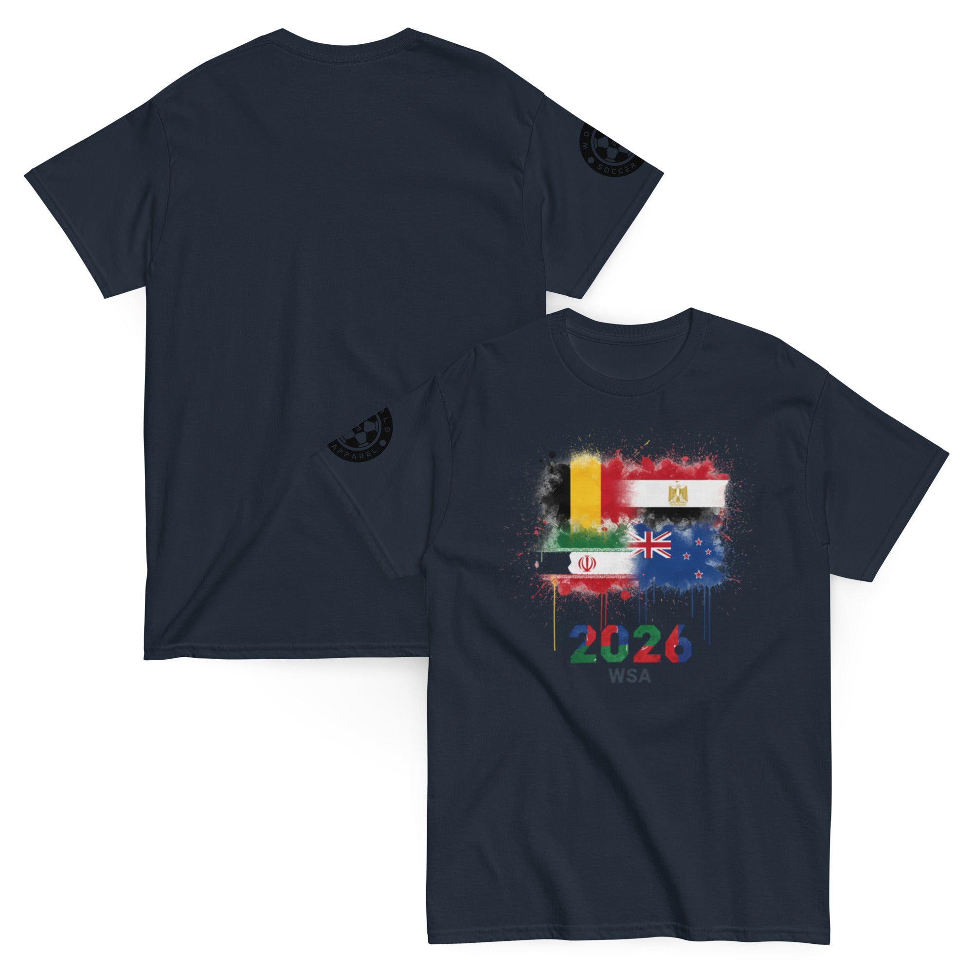 Navy blue t-shirt with colorful design and text on a white background