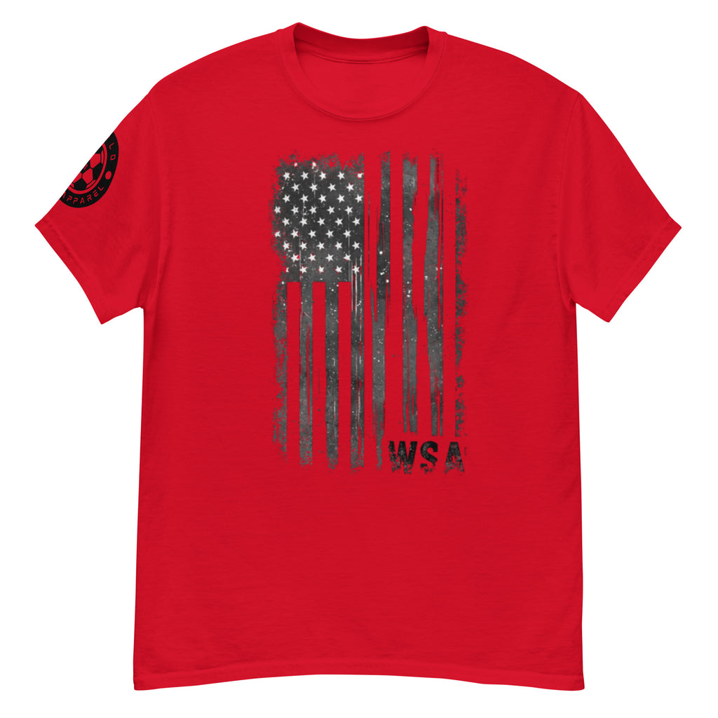 Red t-shirt with black American flag graphic and 'WSA' text on a white background