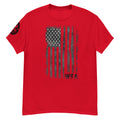 Red t-shirt with black American flag graphic and 'WSA' text on a white background