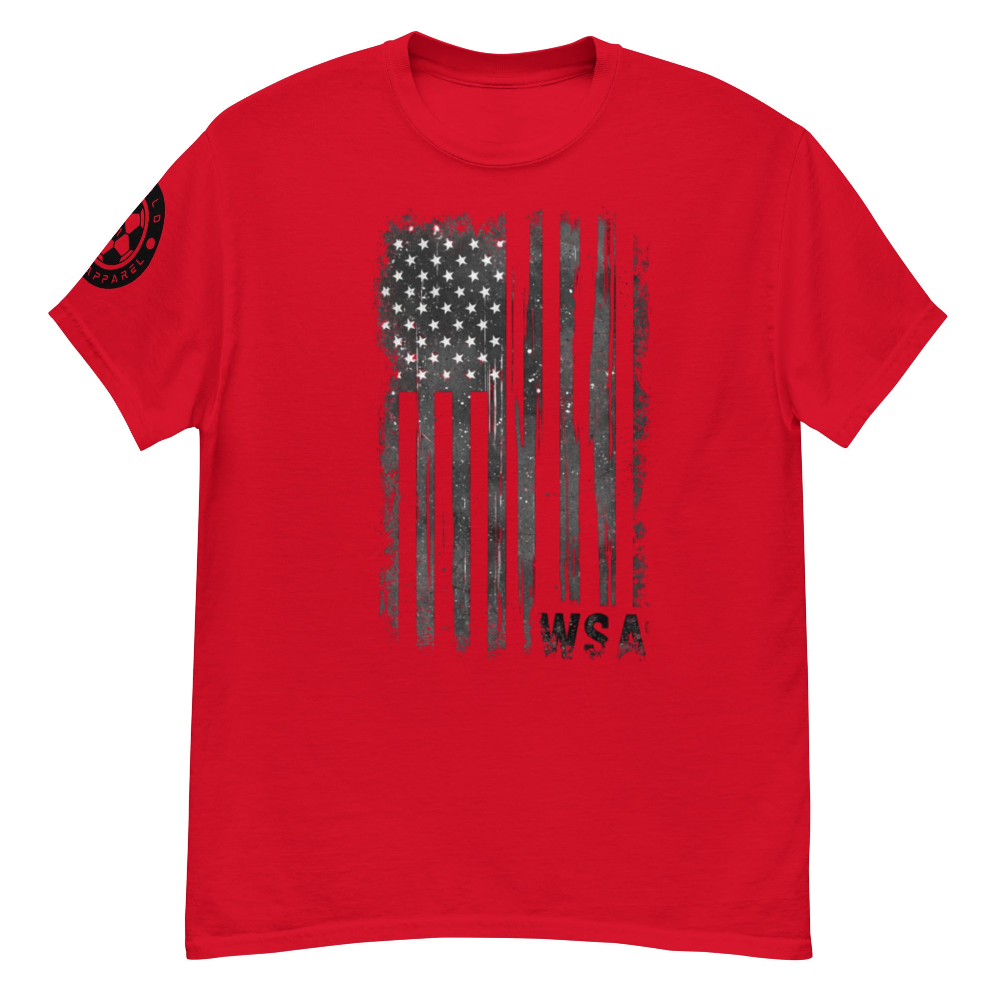 Red t-shirt with black American flag graphic and 'WSA' text on a white background