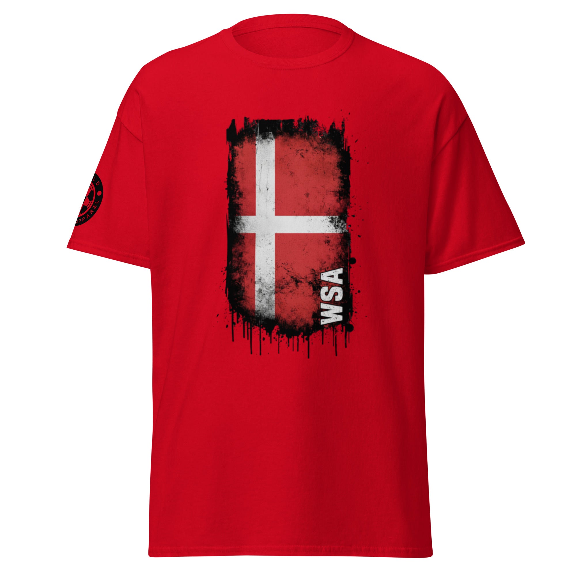 Red t-shirt with a Danish flag design and 'WSA' text on a white background