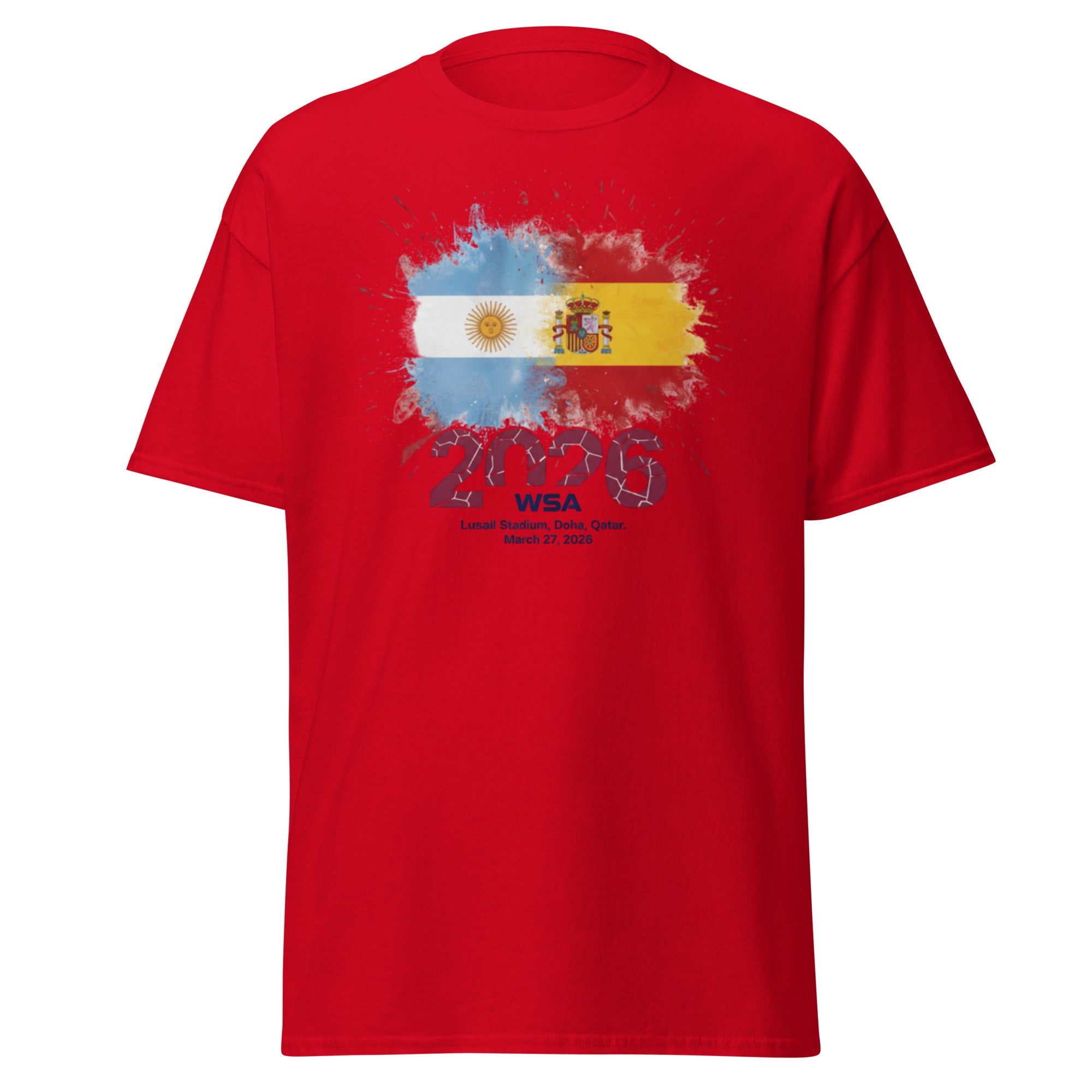 Red t-shirt with a graphic design featuring flags and text on a white background