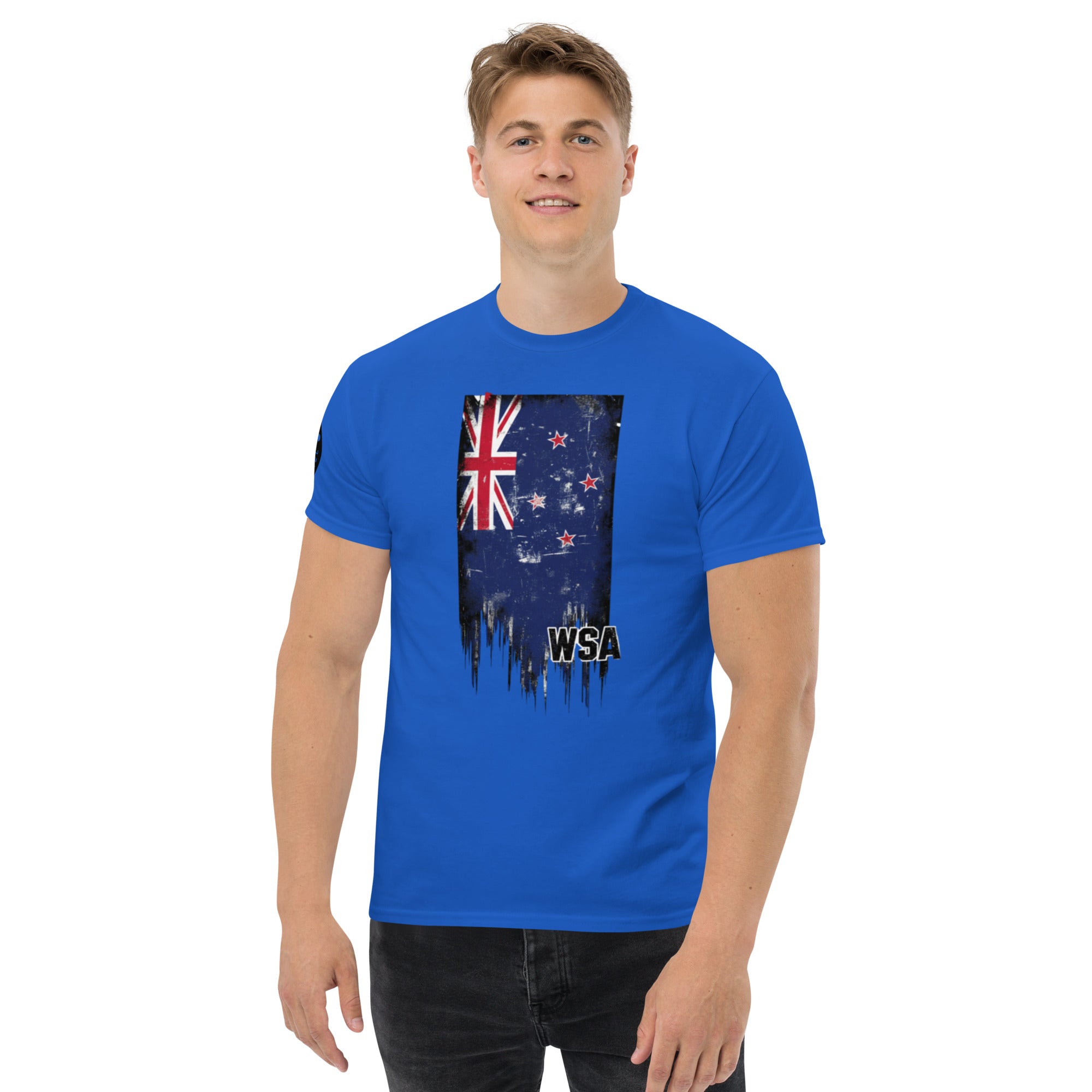 Person wearing a blue t-shirt with a graphic design on a white background