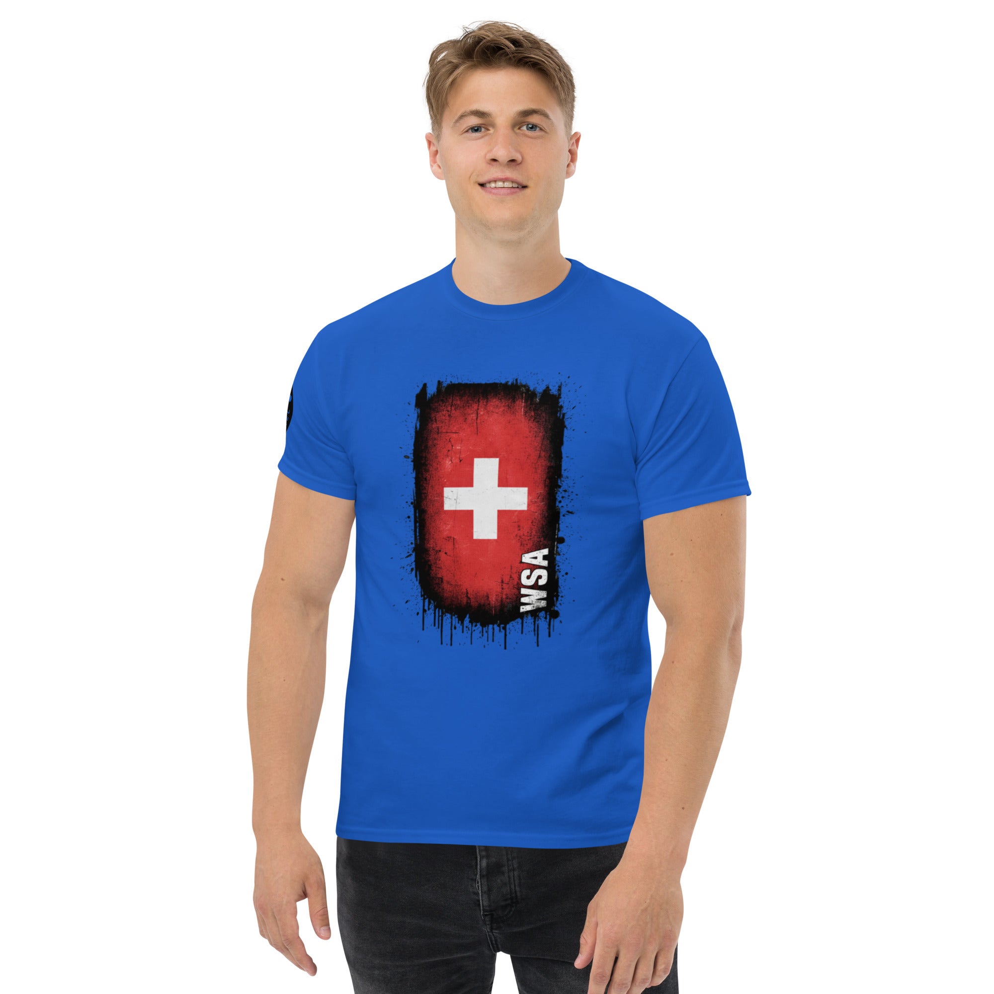 Person wearing a blue t-shirt with a red and white graphic design on a white background