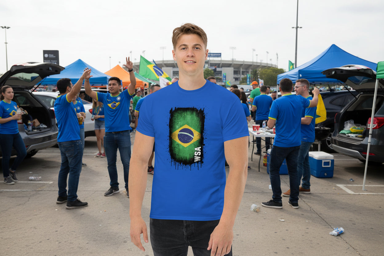 Person wearing a blue t-shirt with a Brazilian flag design on a white background