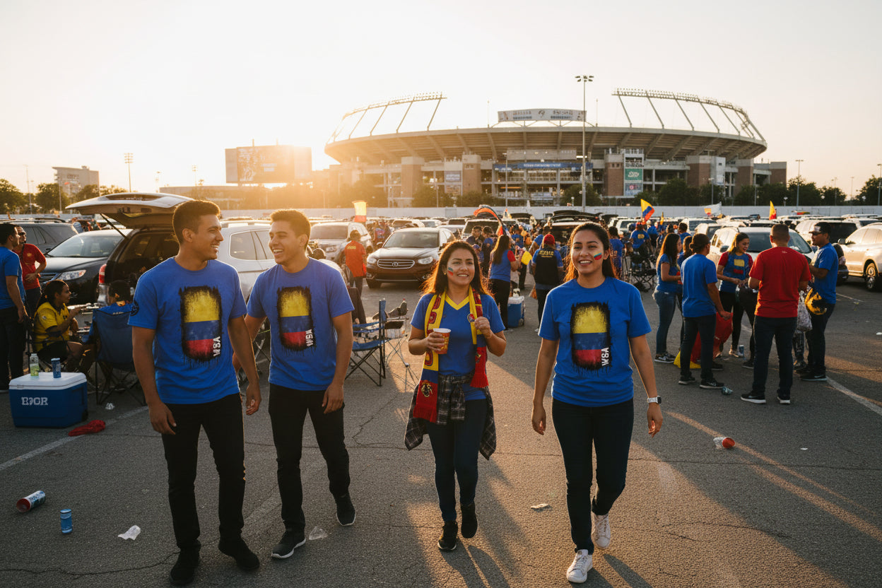 Blue t-shirt with a colorful graphic design on a white background