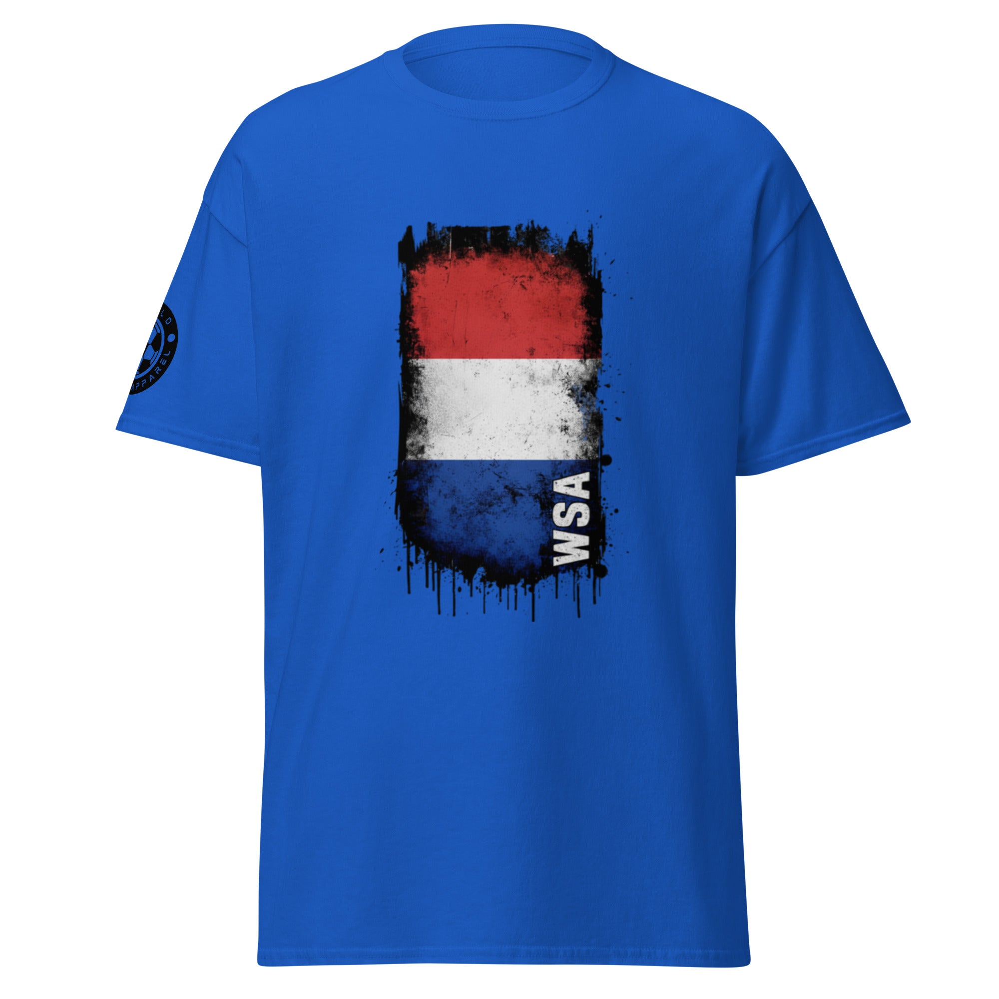 Blue t-shirt with a flag design and 'WSA' text on a white background