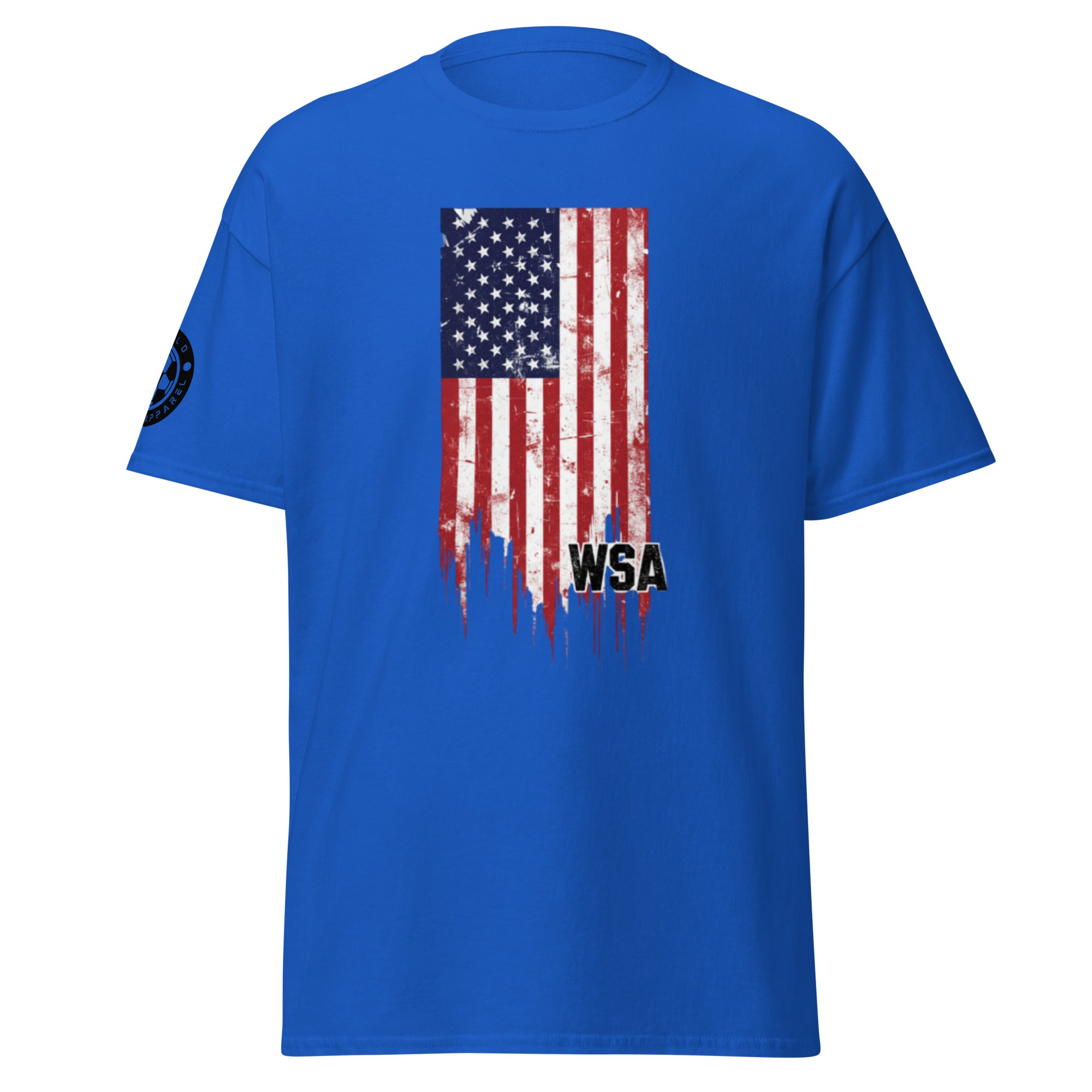 Blue t-shirt with American flag graphic and 'WSA' text on a white background