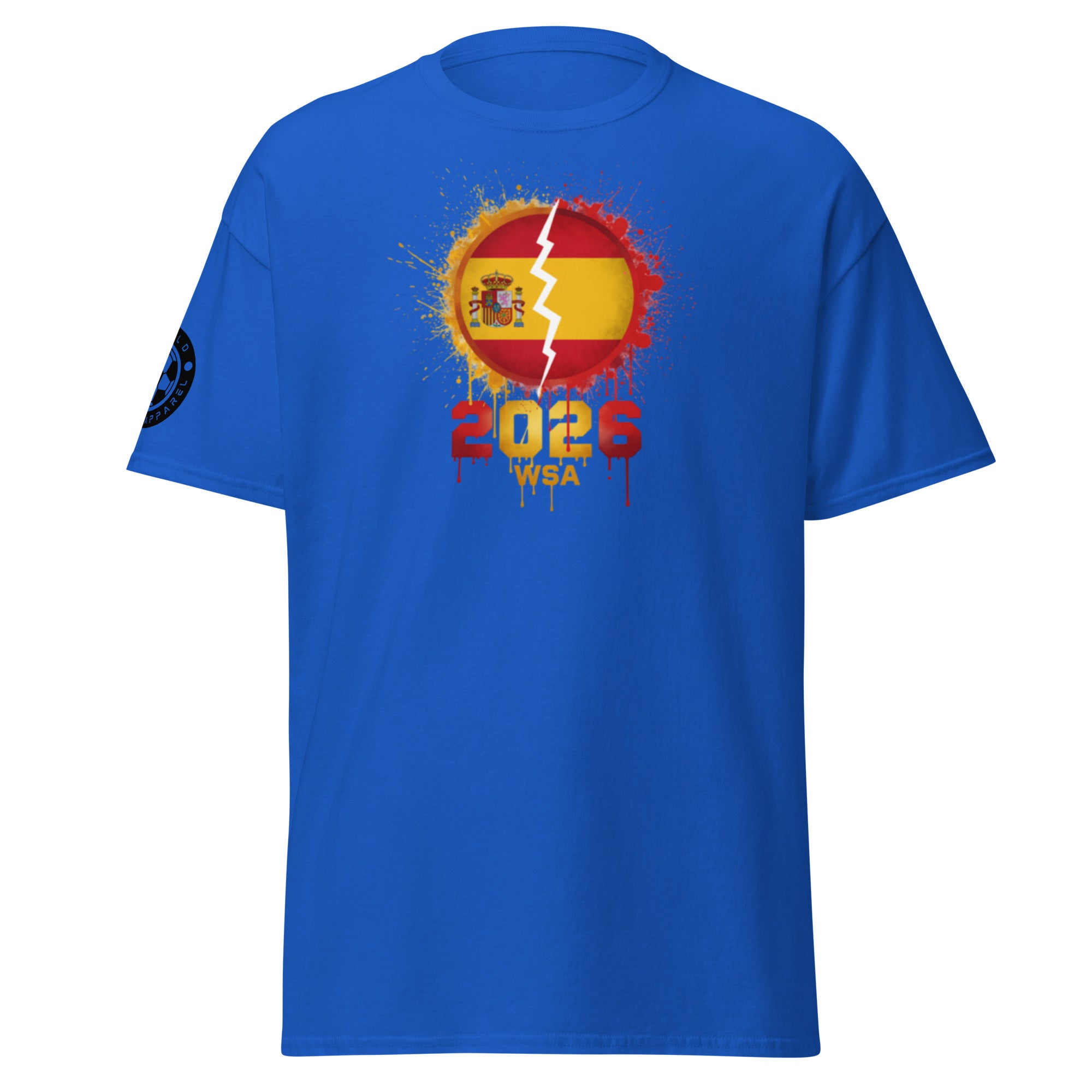 Blue t-shirt with a graphic design featuring a flag and '2026' text on a white background