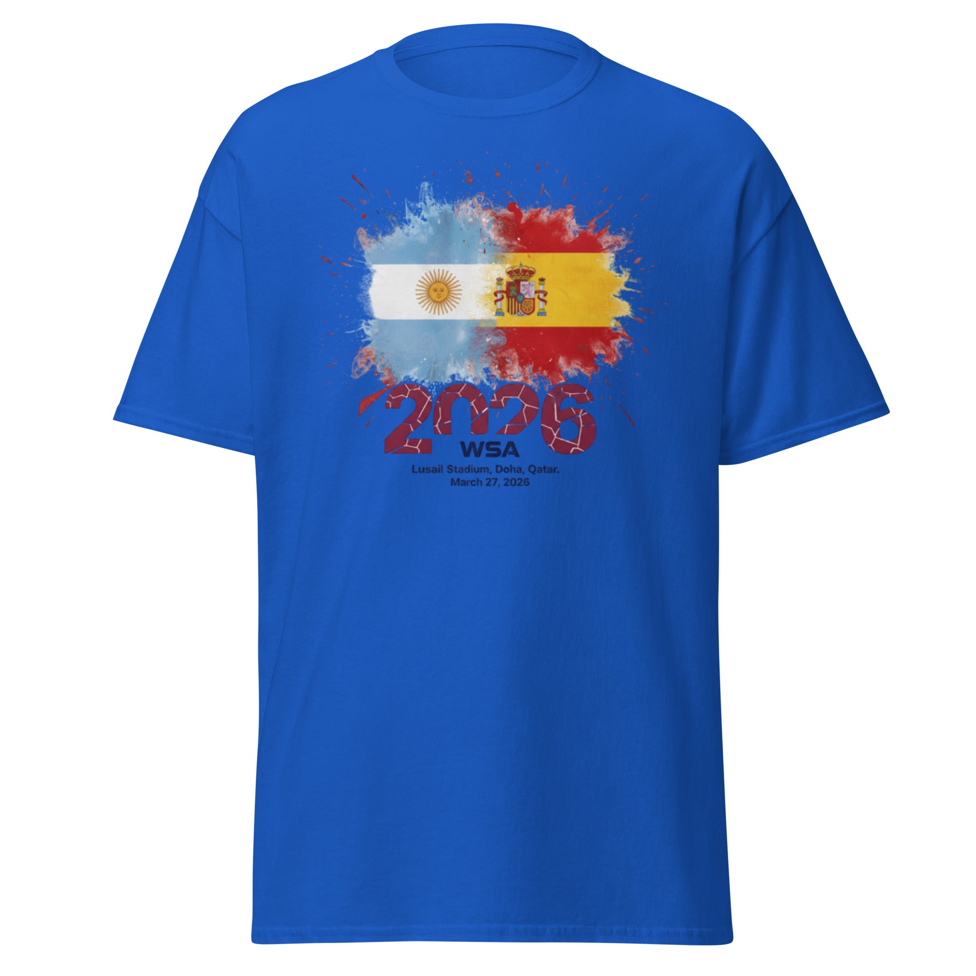 Blue t-shirt with colorful design and text on a white background