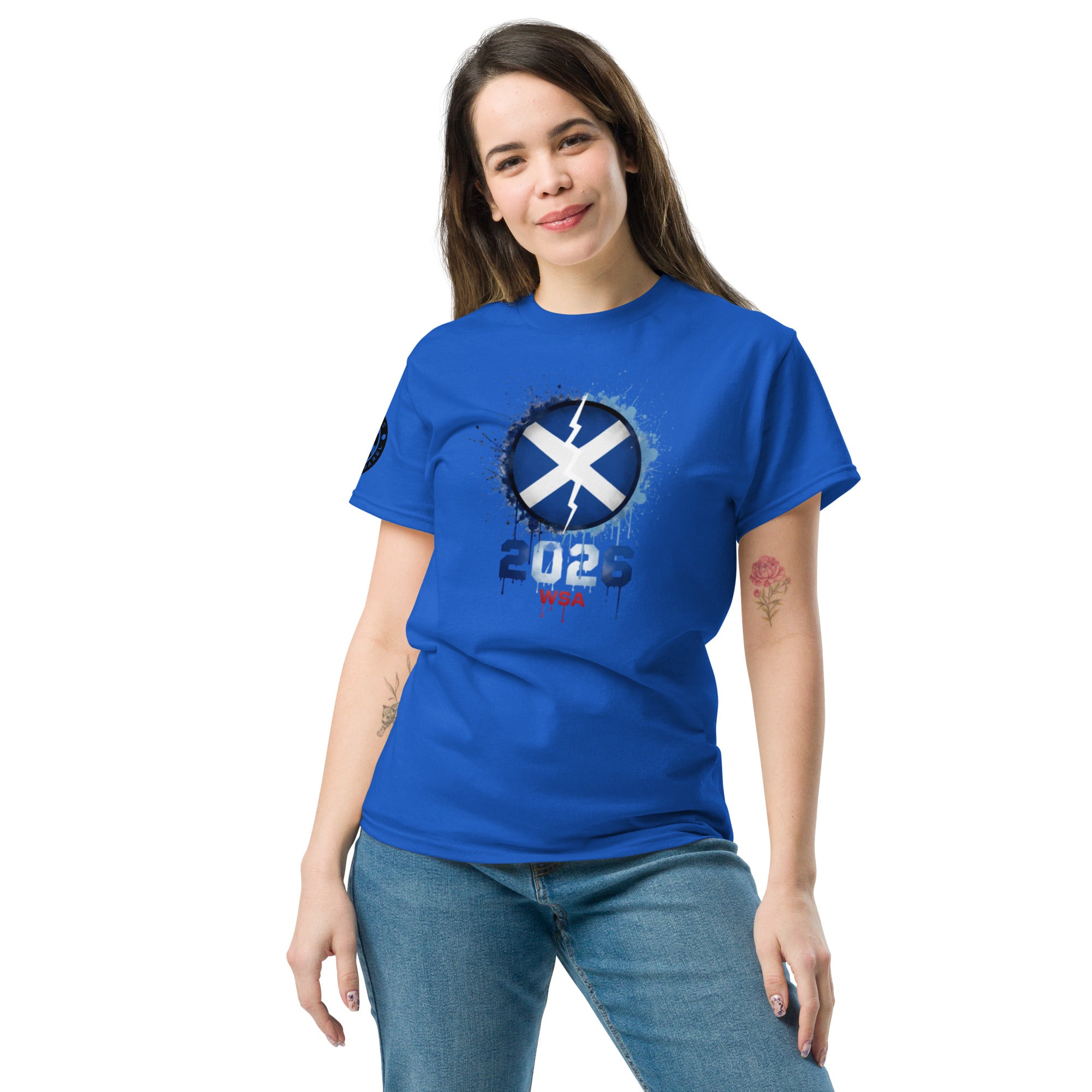 Woman wearing a blue t-shirt with a design on a white background