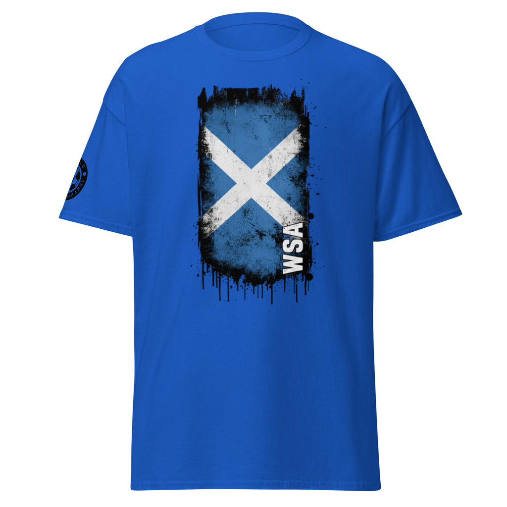 Blue t-shirt with a white and blue saltire design on a white background