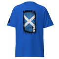 Blue t-shirt with a white and blue saltire design on a white background