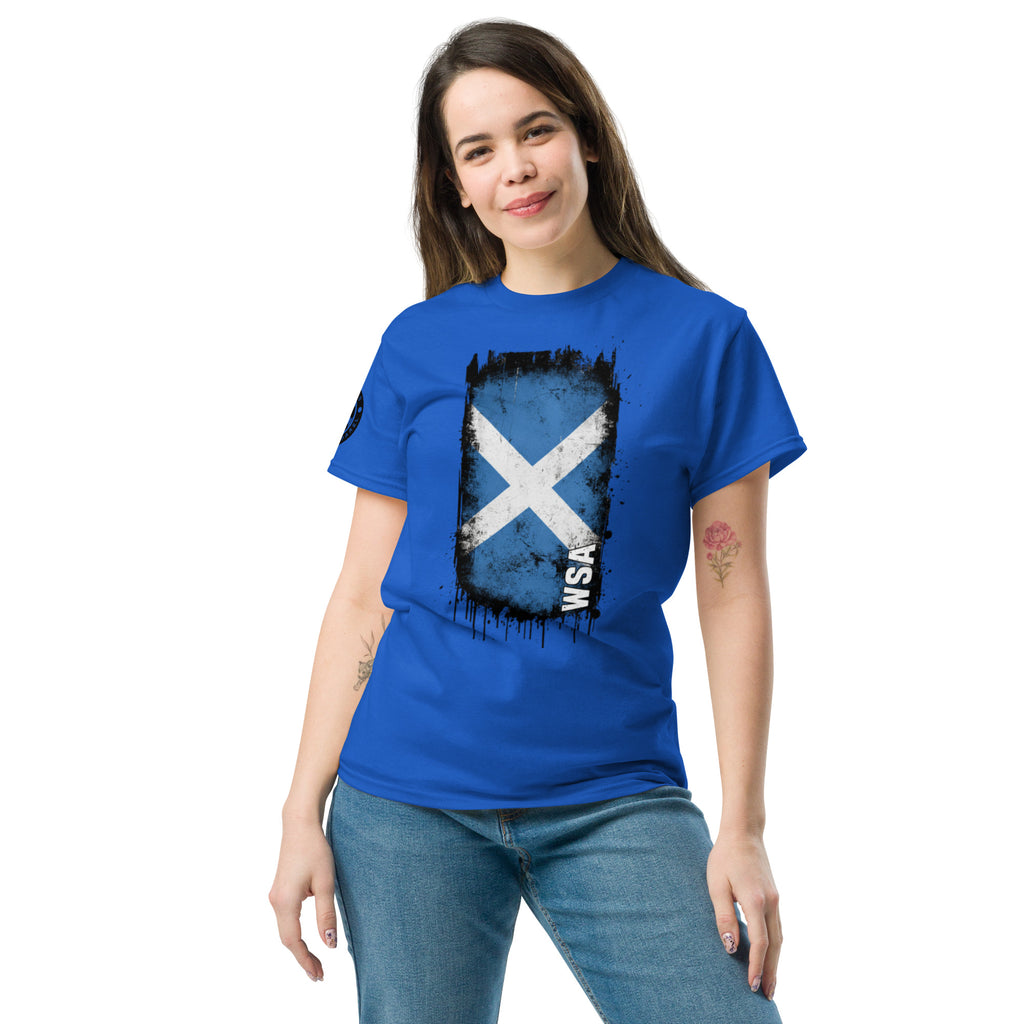 Woman wearing a blue t-shirt with a white cross design on a white background